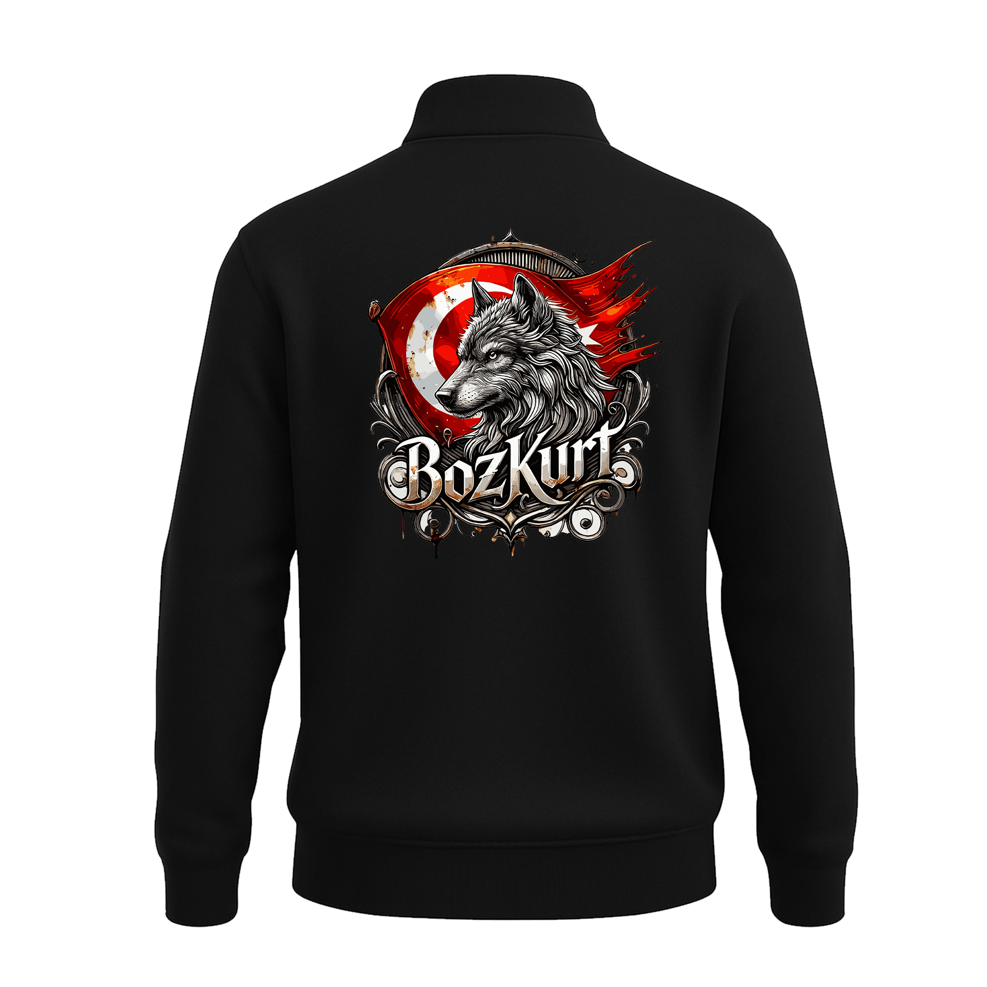 Bozkurt V  Ön Ve Arka  Baskılı (Unisex Yarım Fermuarlı Sweat)