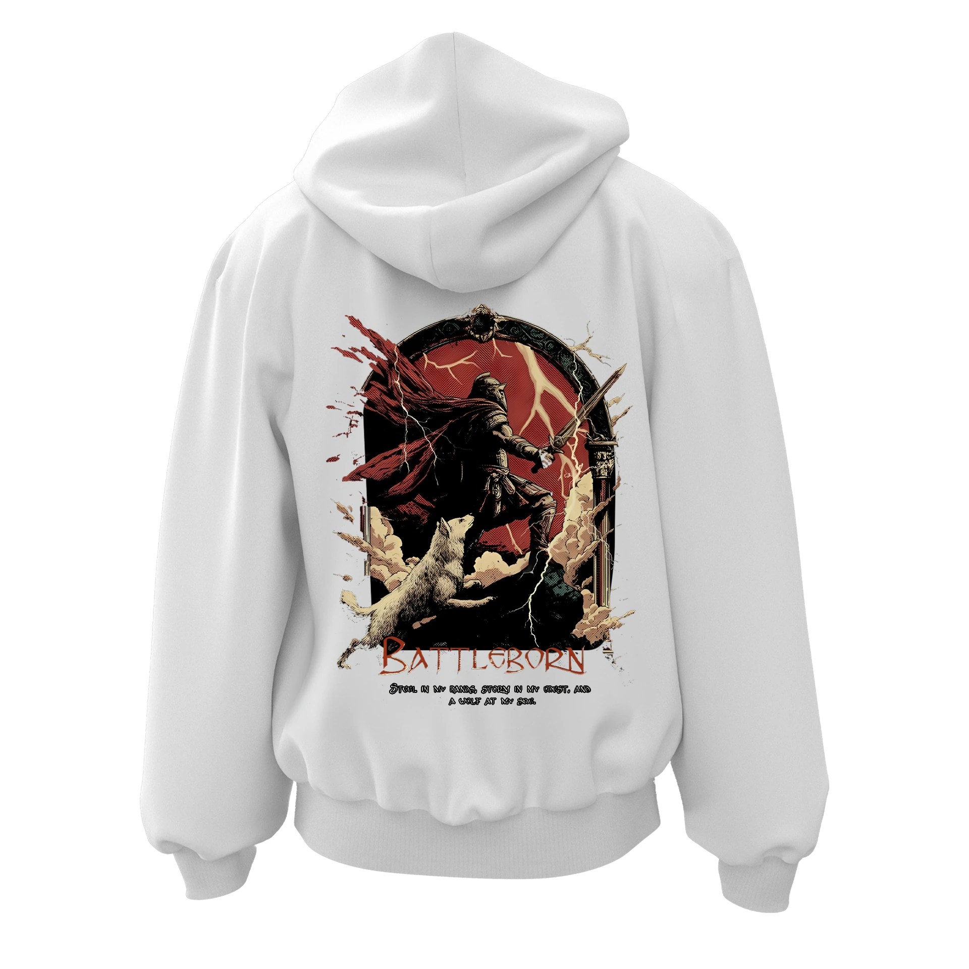BATTLEBORN Steel in my hands, storm in my chest, and a wolf at my side Ön Ve Arka Baskılı ((Unisex Fermuarlı Hoodie)