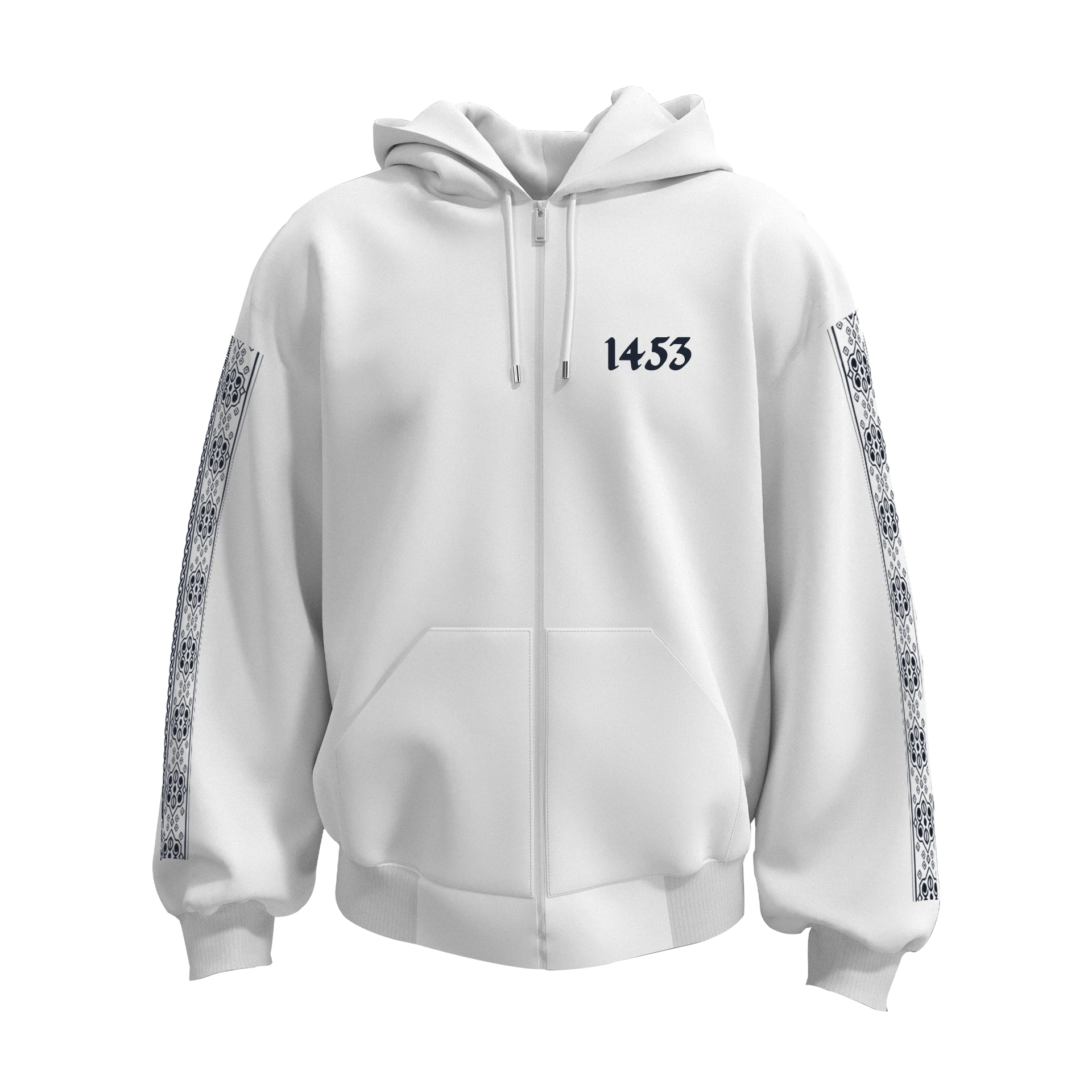 1453 Fatih Sultan Mehmet Cihan Fatihi Ön Nakışlı, Kol Ve Arka Baskılı  Türk Serisi(Unisex Fermuarlı Hoodie )