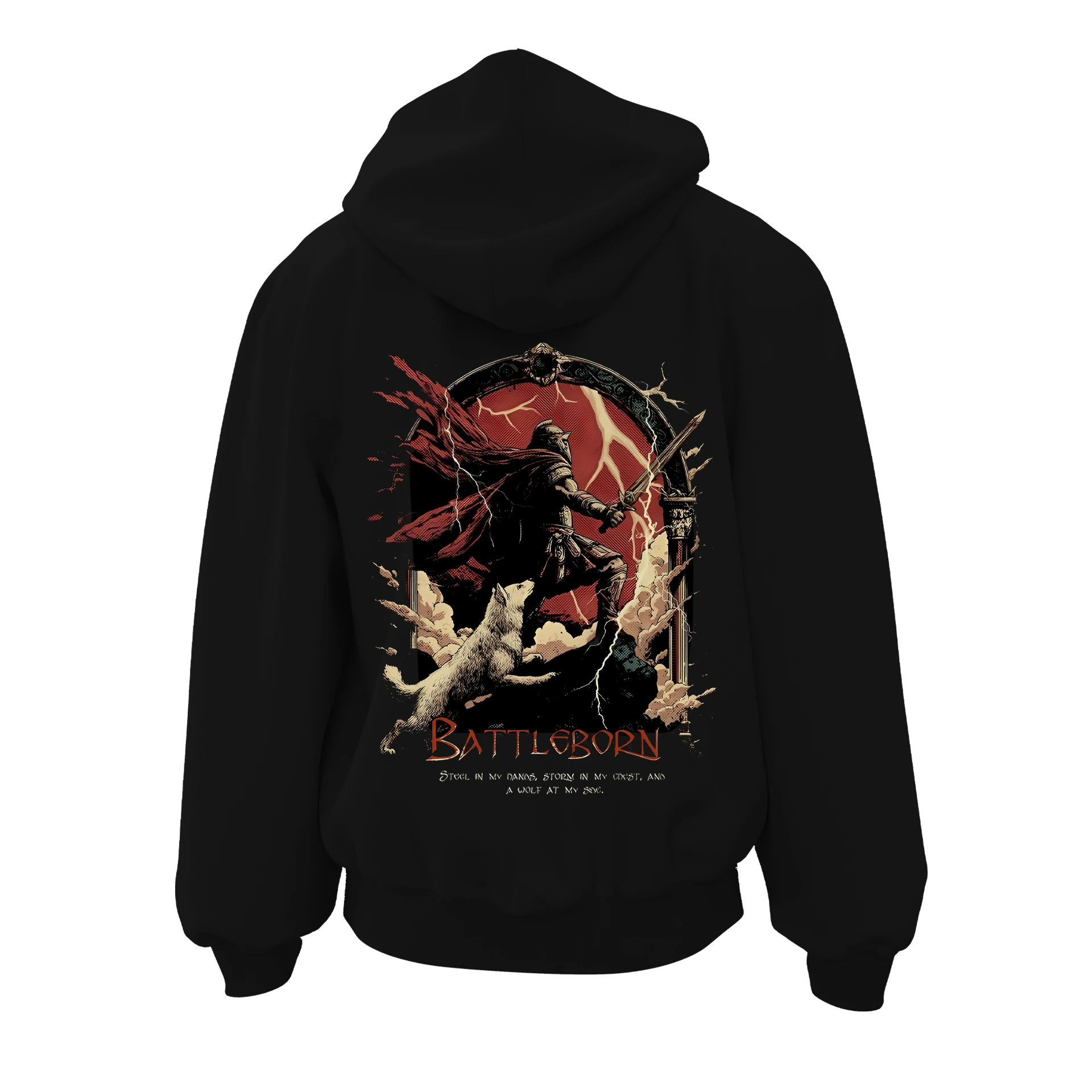 BATTLEBORN Steel in my hands, storm in my chest, and a wolf at my side Ön Ve Arka Baskılı ((Unisex Fermuarlı Hoodie)