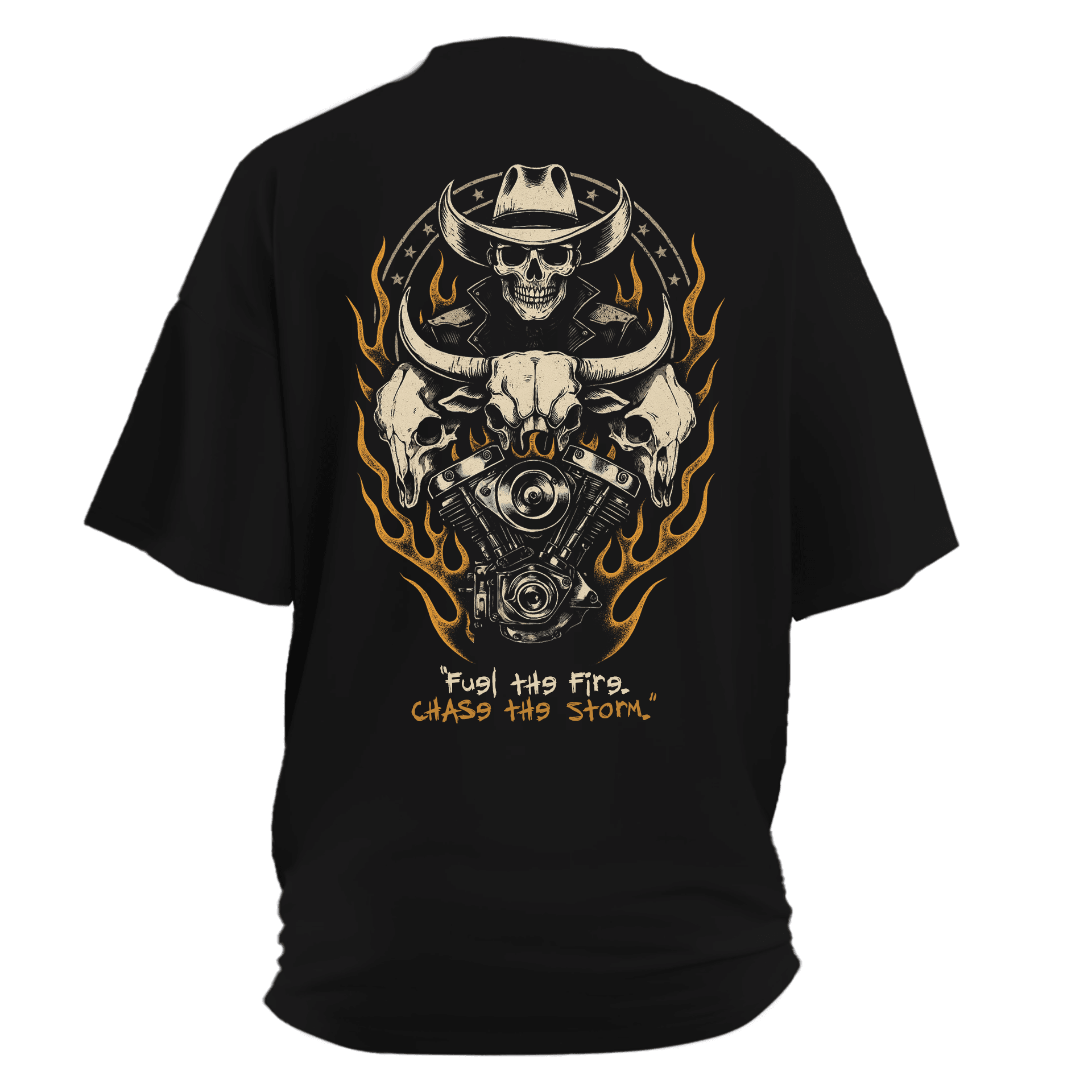 “Fuel the Fire. Chase the Storm.”  Ön Baskılı ve Arka Moto  Series(Unisex Tişört )