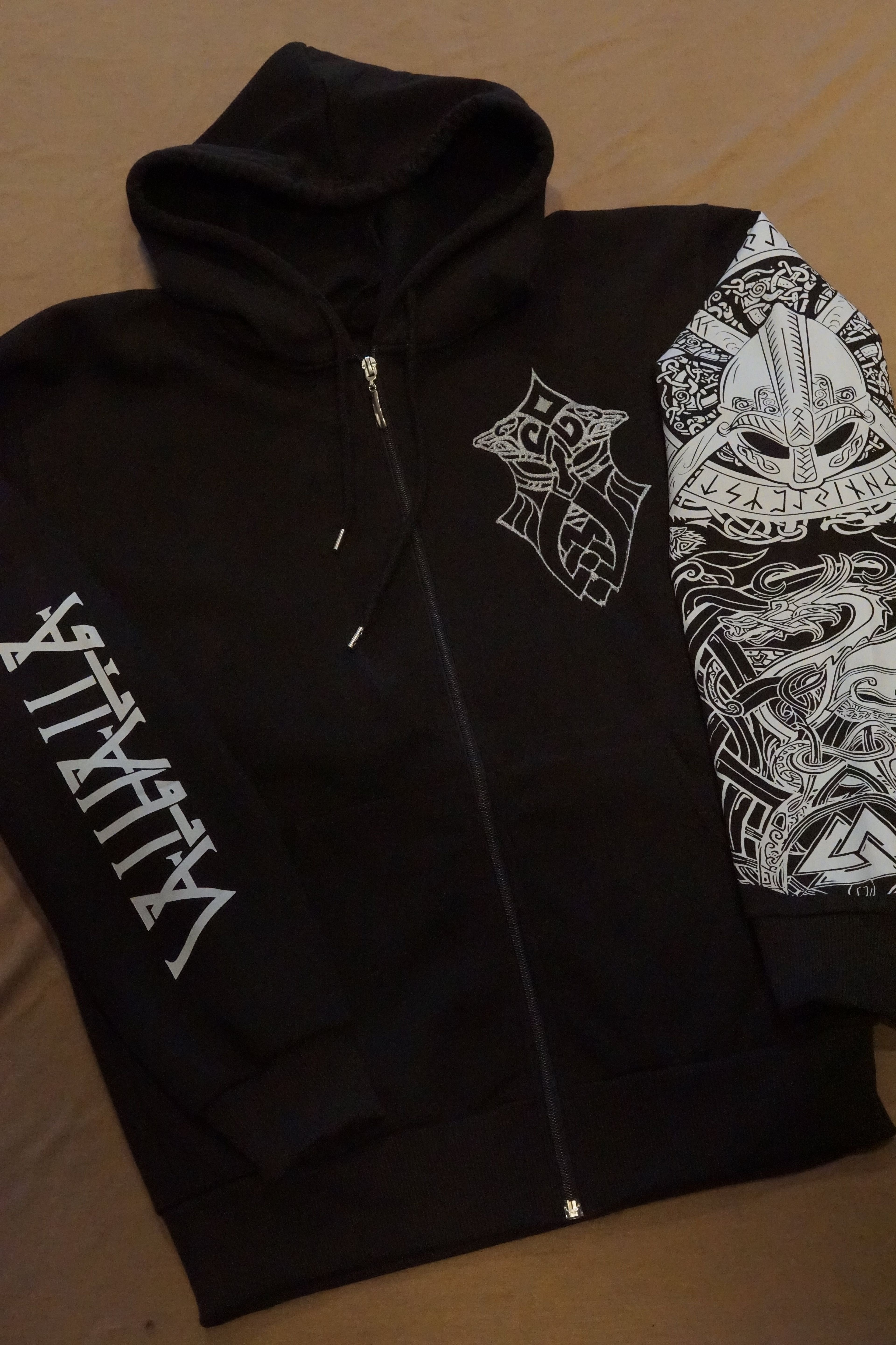 Valhalla Motif Odin Nordic Series Ön Nakışlı Kollar Baskılı   (Unisex Fermuarlı Hoodie )