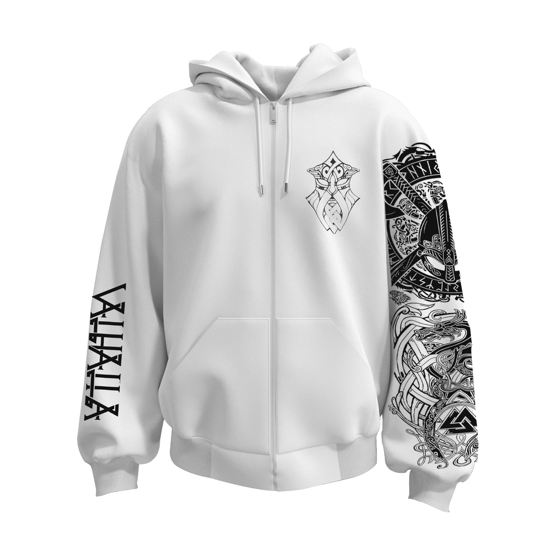 Valhalla Motif Odin Nordic Series Ön Nakışlı Kollar Baskılı   (Unisex Fermuarlı Hoodie )