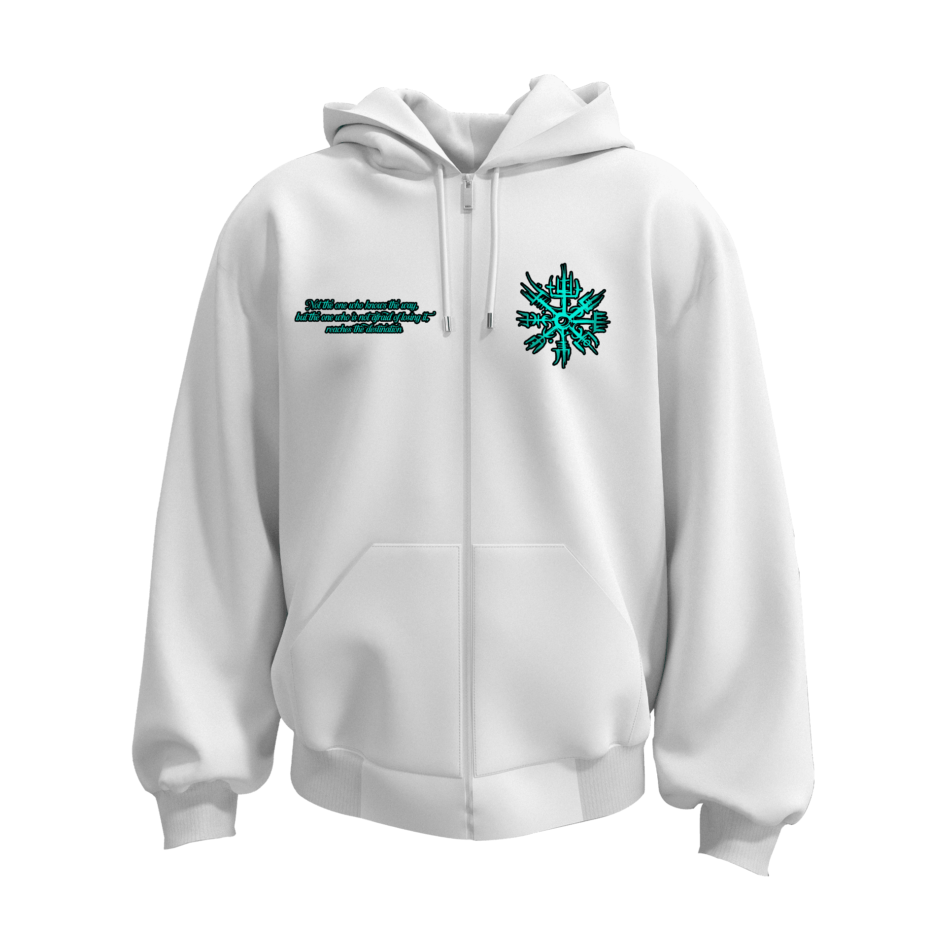 Not the one who knows the way, but the one who is not afraid of losing it, reaches the destination     Ön Ve Arka  Baskılı  Nordic Series (Unisex Fermuarlı Hoodie )