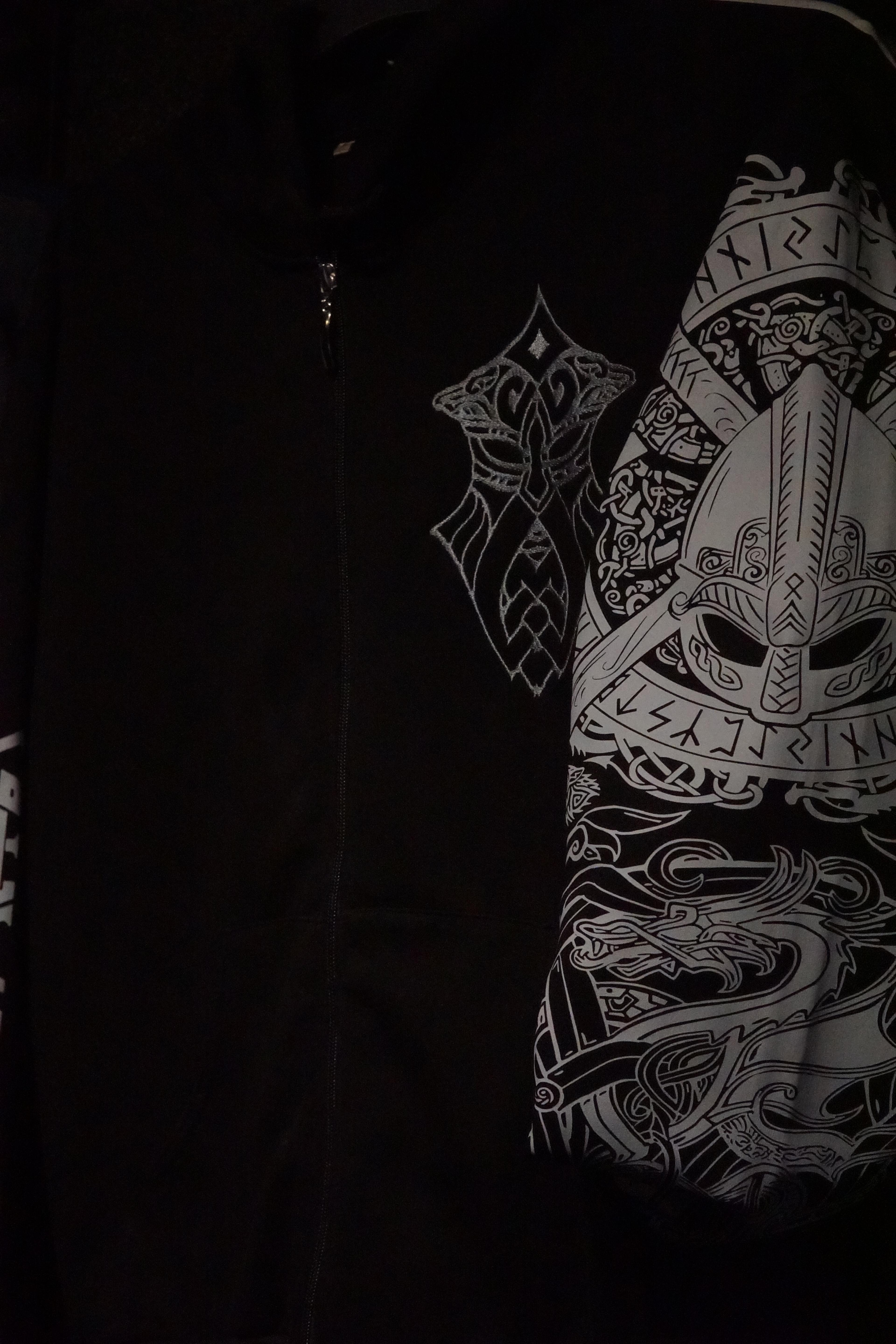 Valhalla Motif Odin Nordic Series Ön Nakışlı Kollar Baskılı   (Unisex Fermuarlı Hoodie )