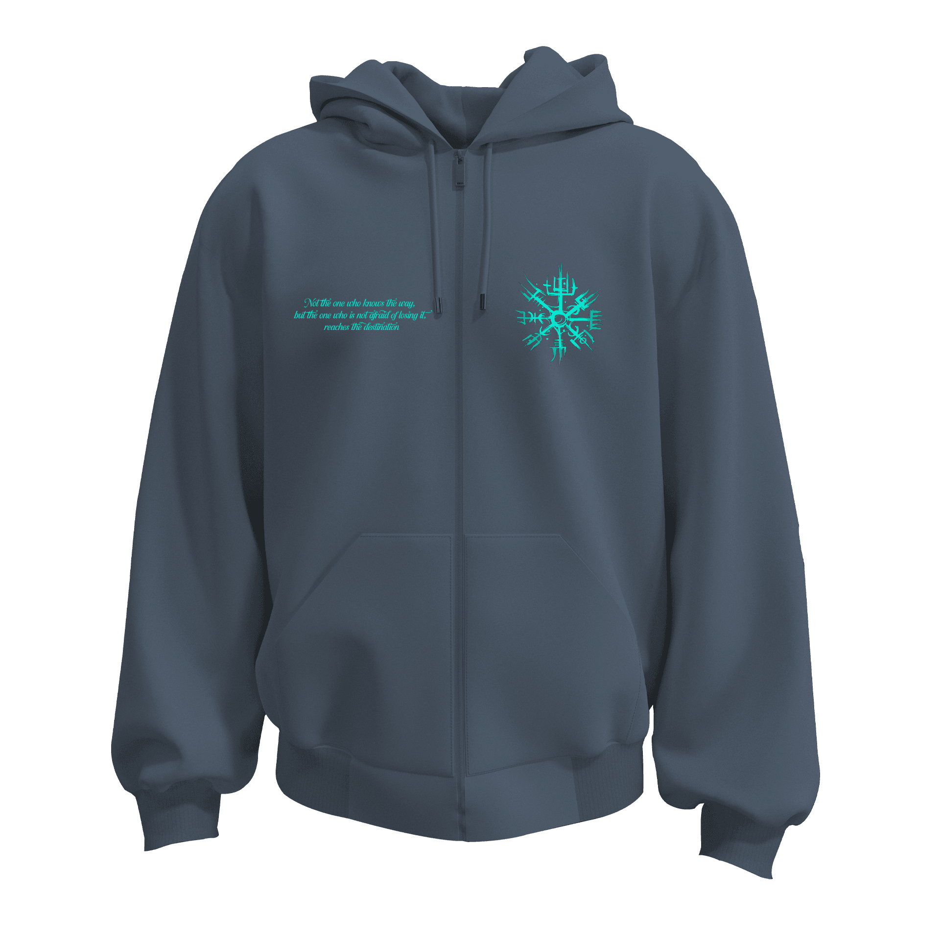 Not the one who knows the way, but the one who is not afraid of losing it, reaches the destination     Ön Ve Arka  Baskılı  Nordic Series (Unisex Fermuarlı Hoodie )