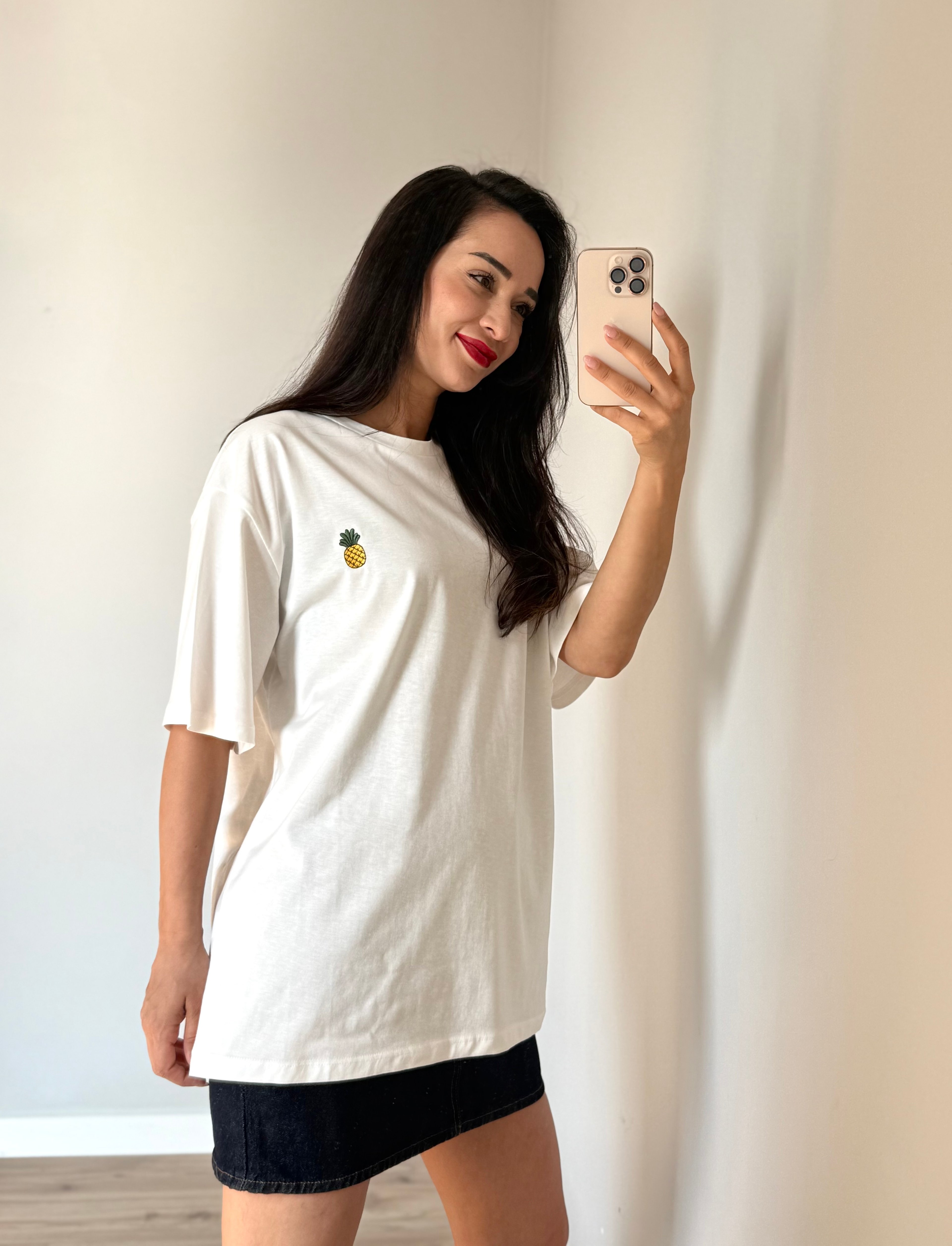 Ananas İşlemeli Oversize Tişört