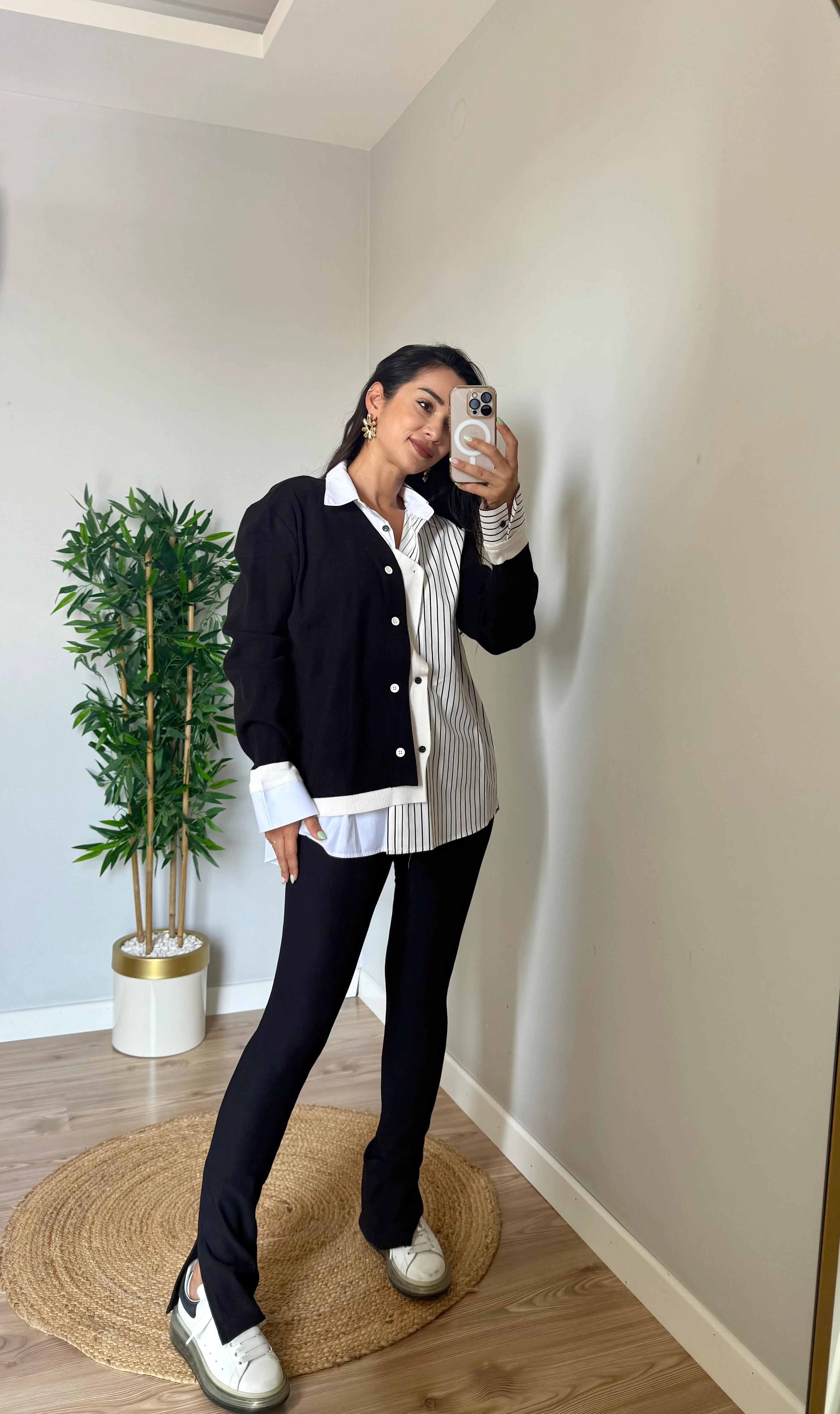 Tasarım Triko Detaylı Çizgili Gömlek