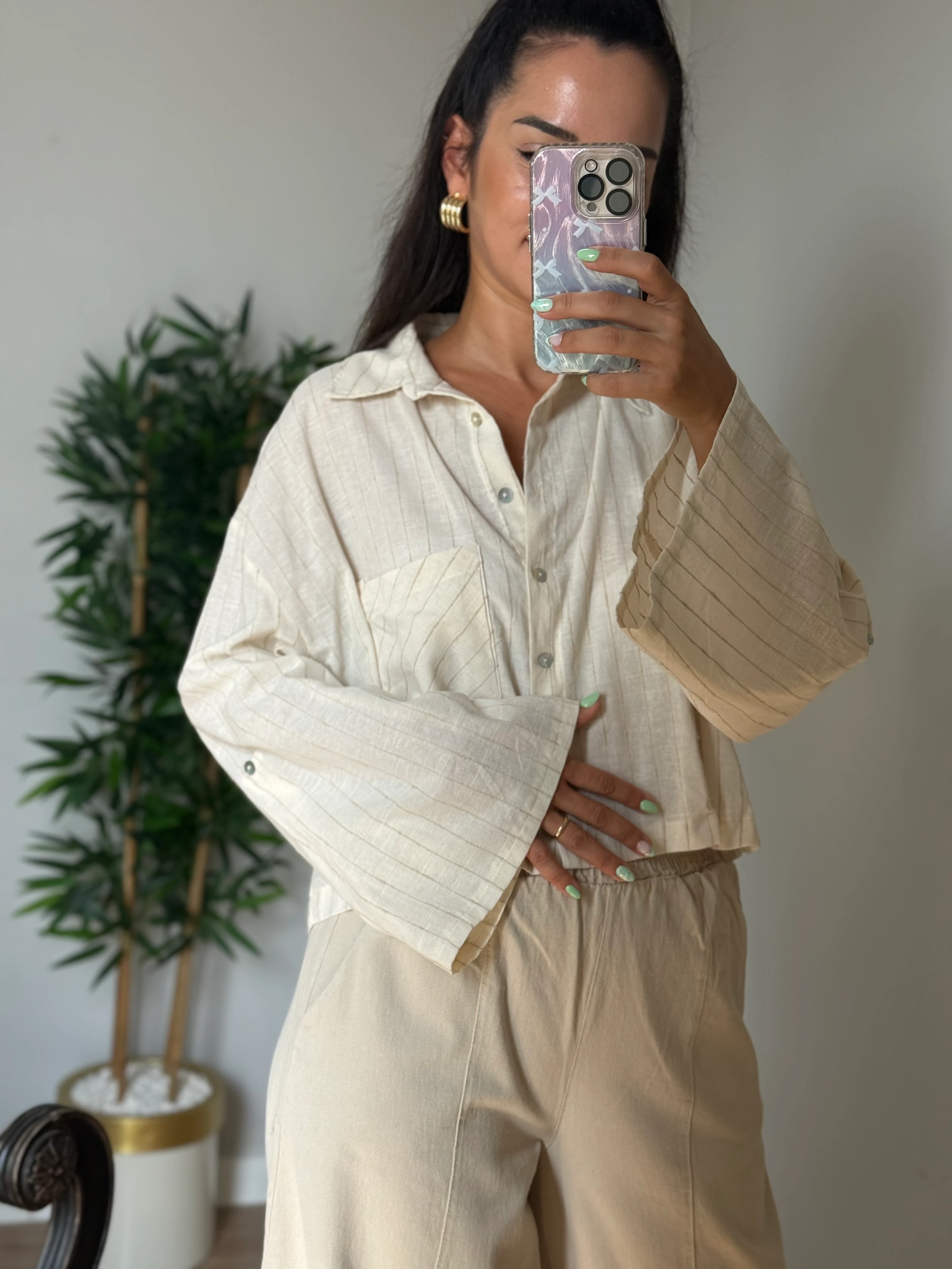 Keten Çizgili Krem Gömlek