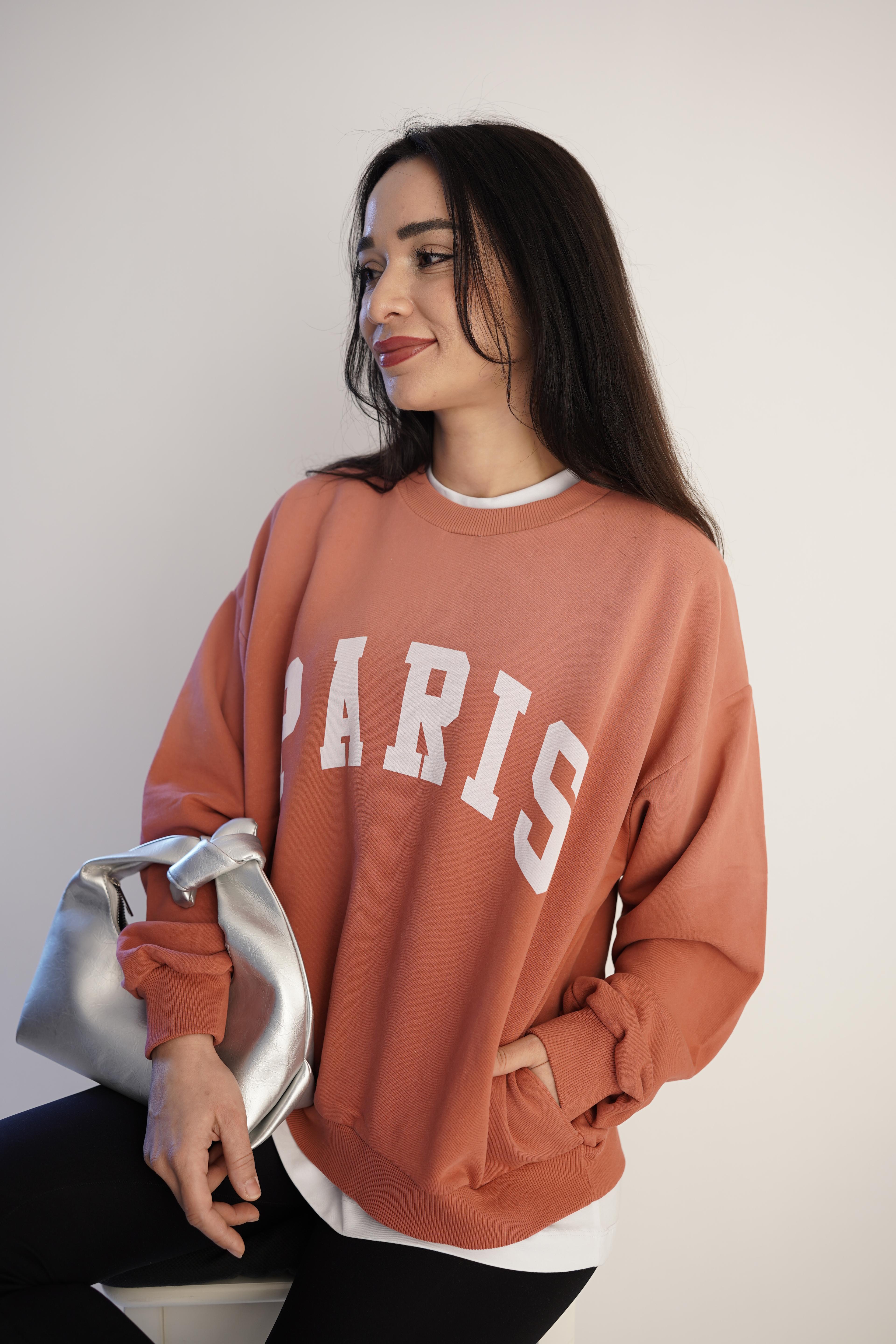 Paris Baskılı Gül Kurusu Sweatshirt