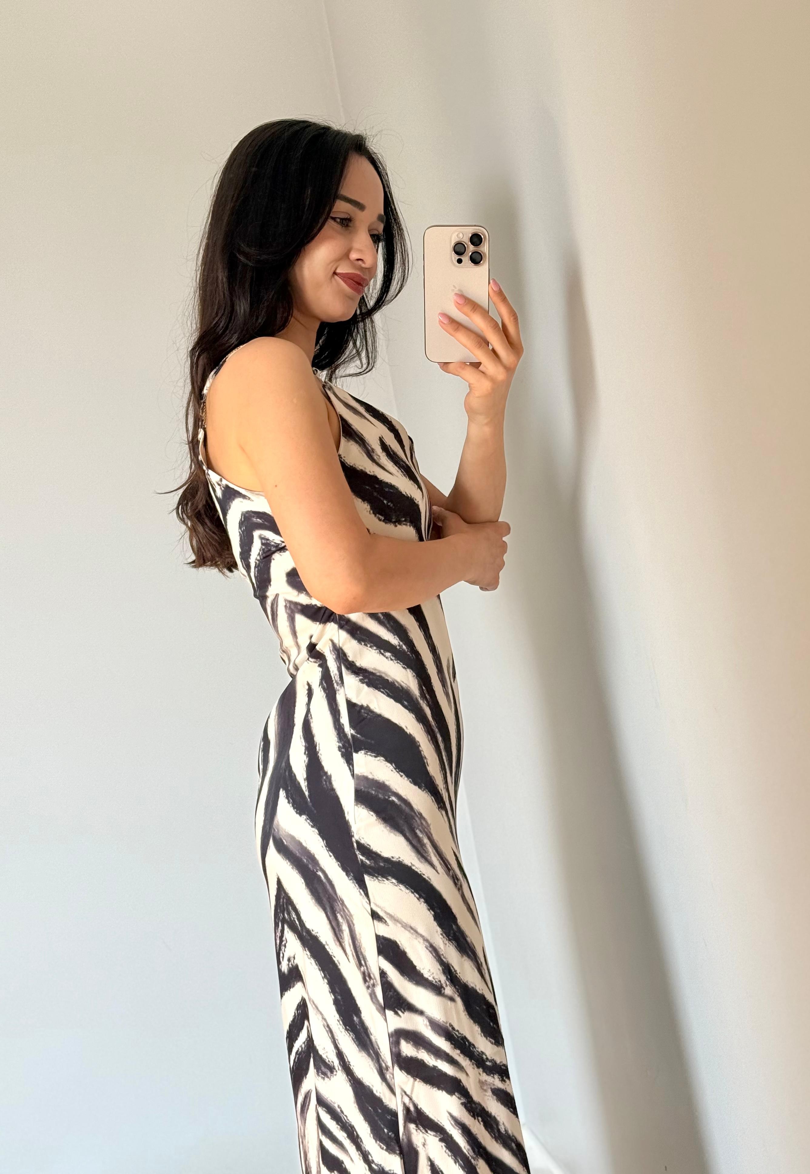 Zebra Desenli Saten Elbise