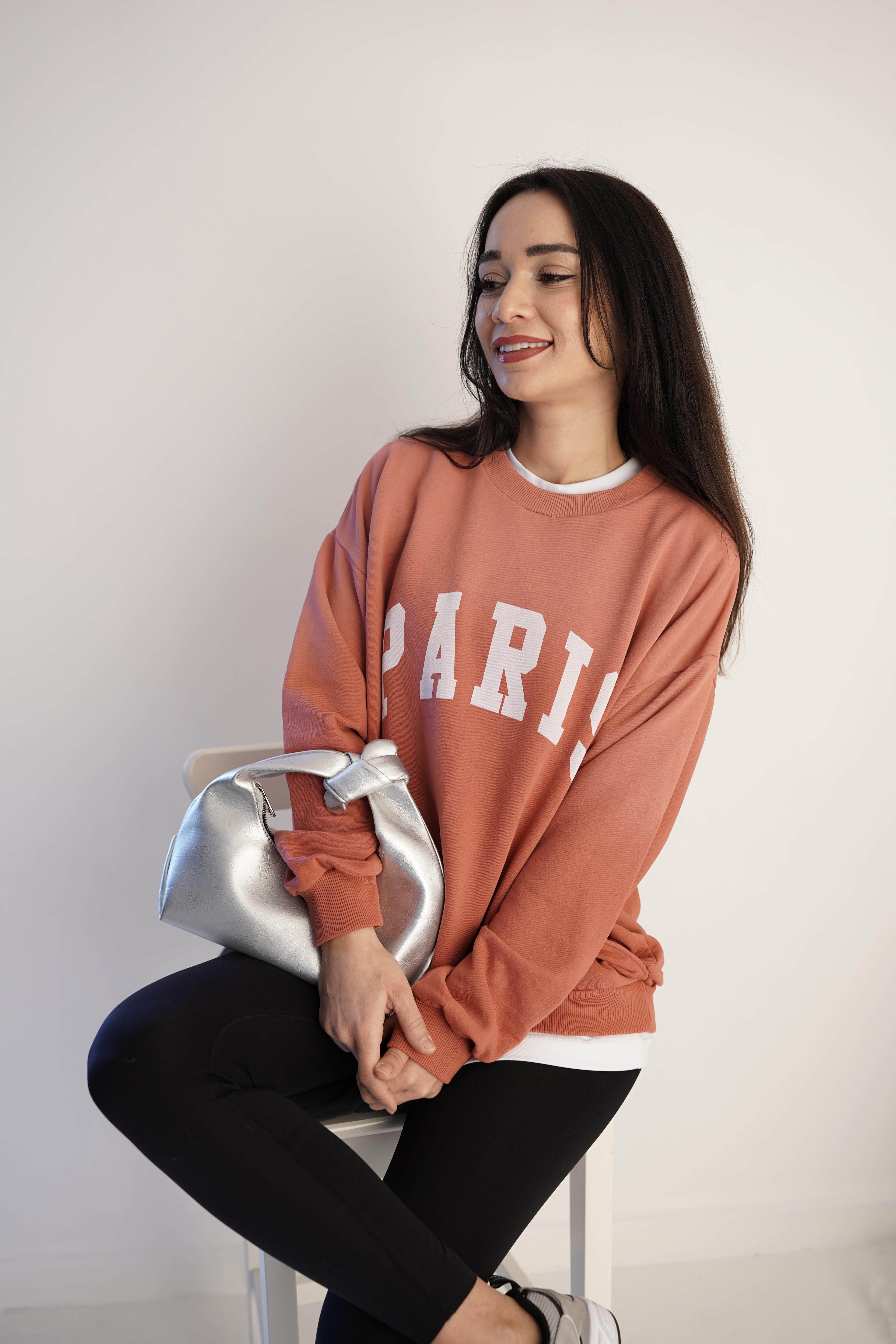 Paris Baskılı Gül Kurusu Sweatshirt