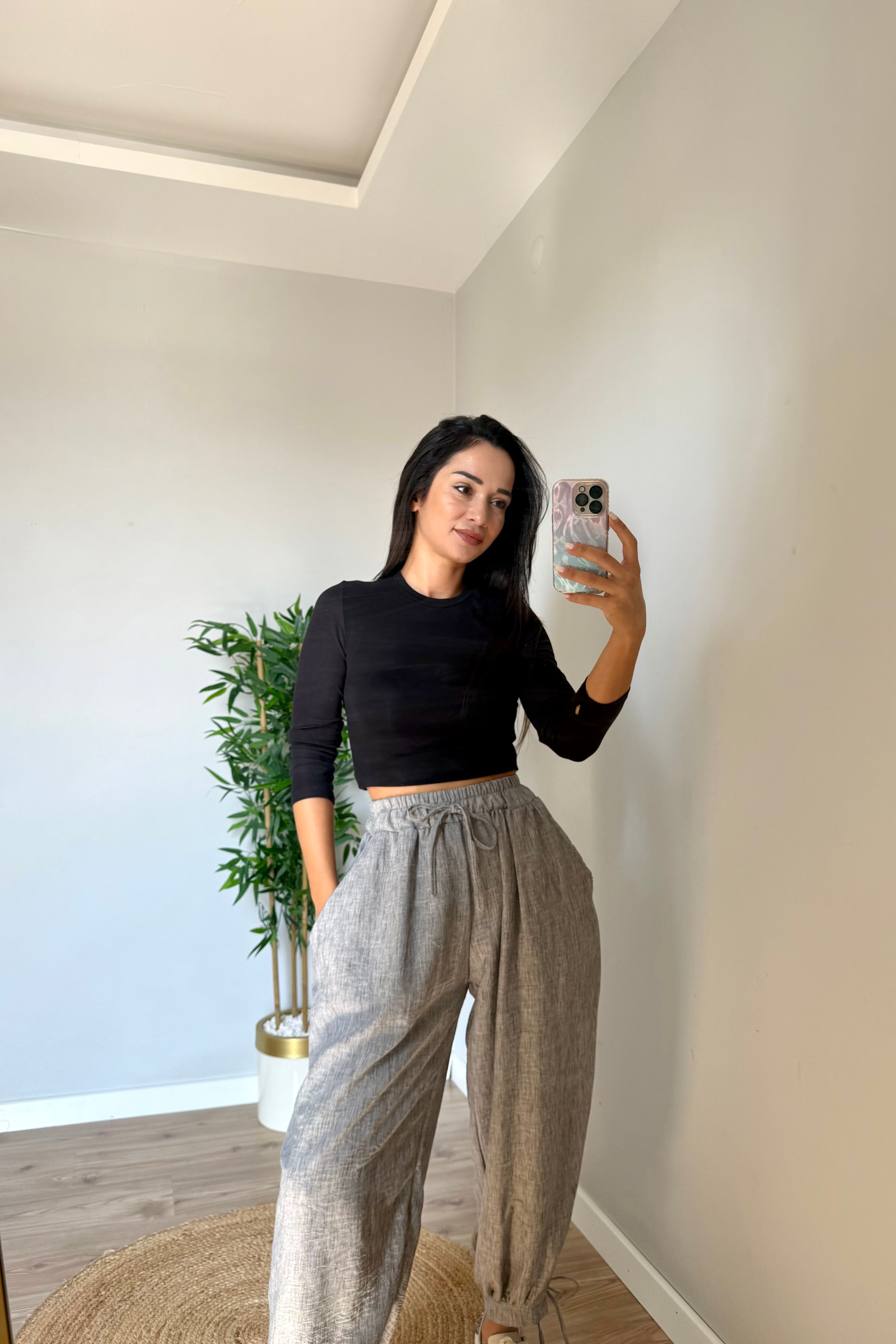 Şalvar Model Gri Keten Pantolon