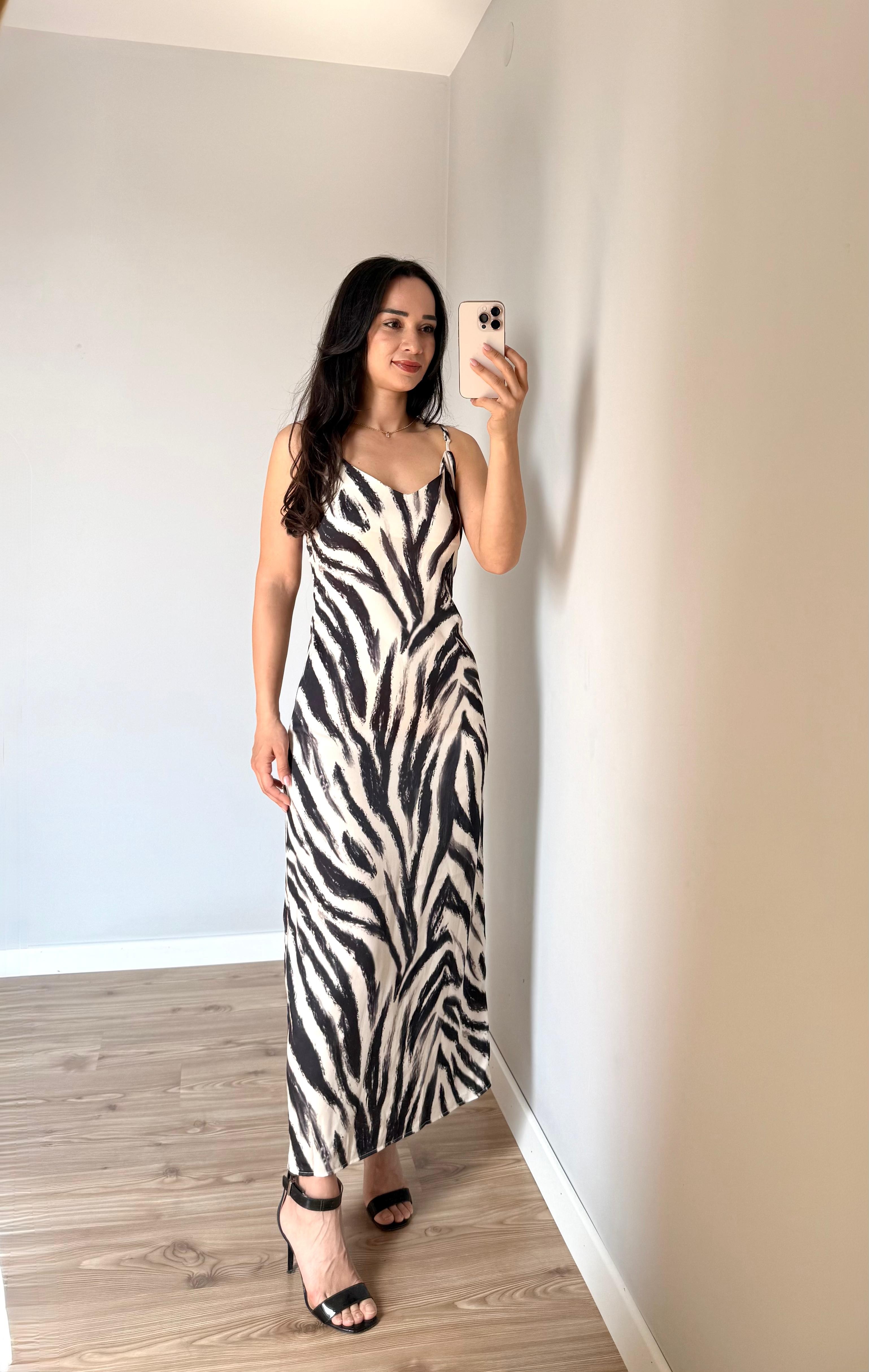 Zebra Desenli Saten Elbise