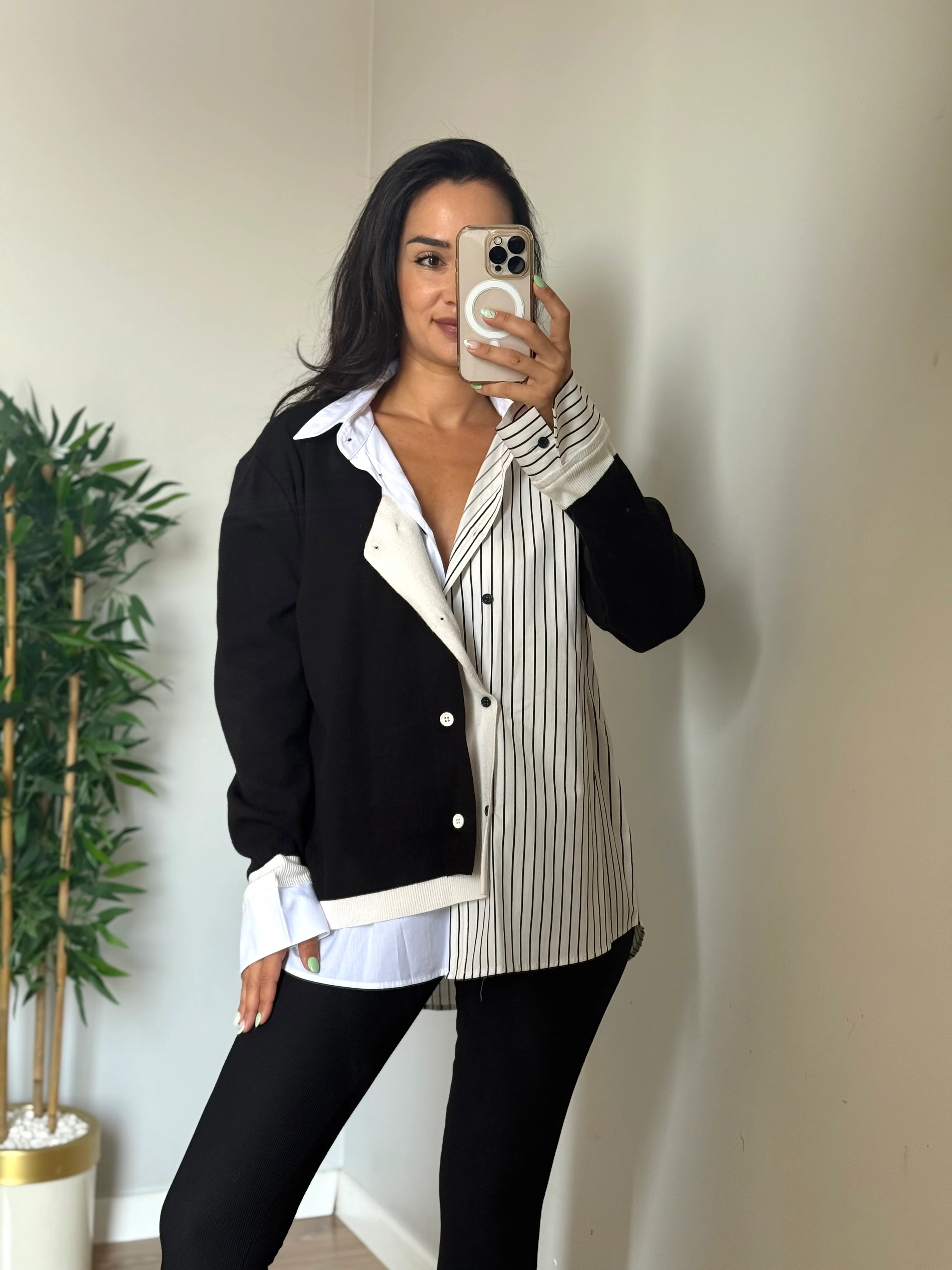 Tasarım Triko Detaylı Çizgili Gömlek