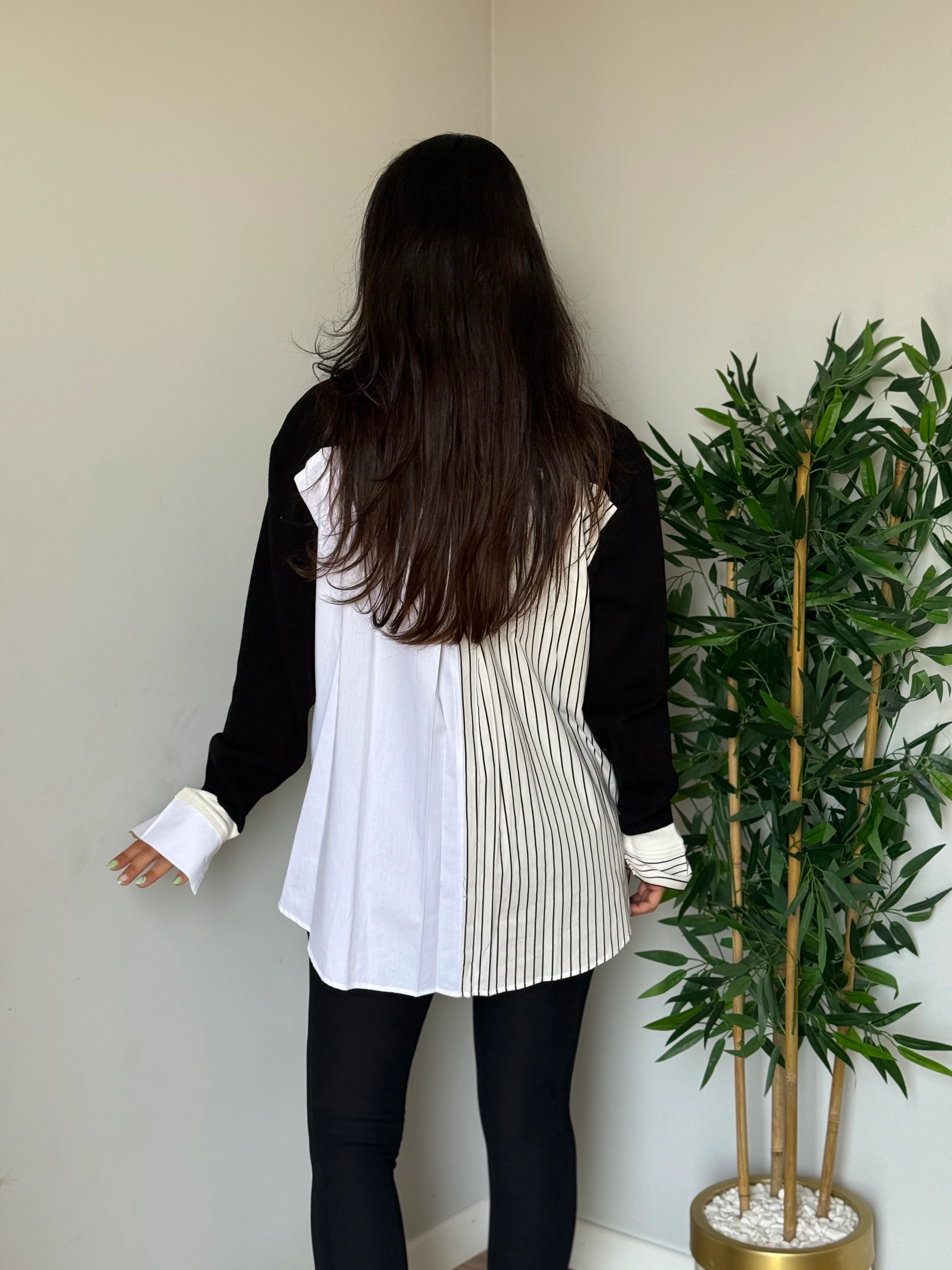 Tasarım Triko Detaylı Çizgili Gömlek