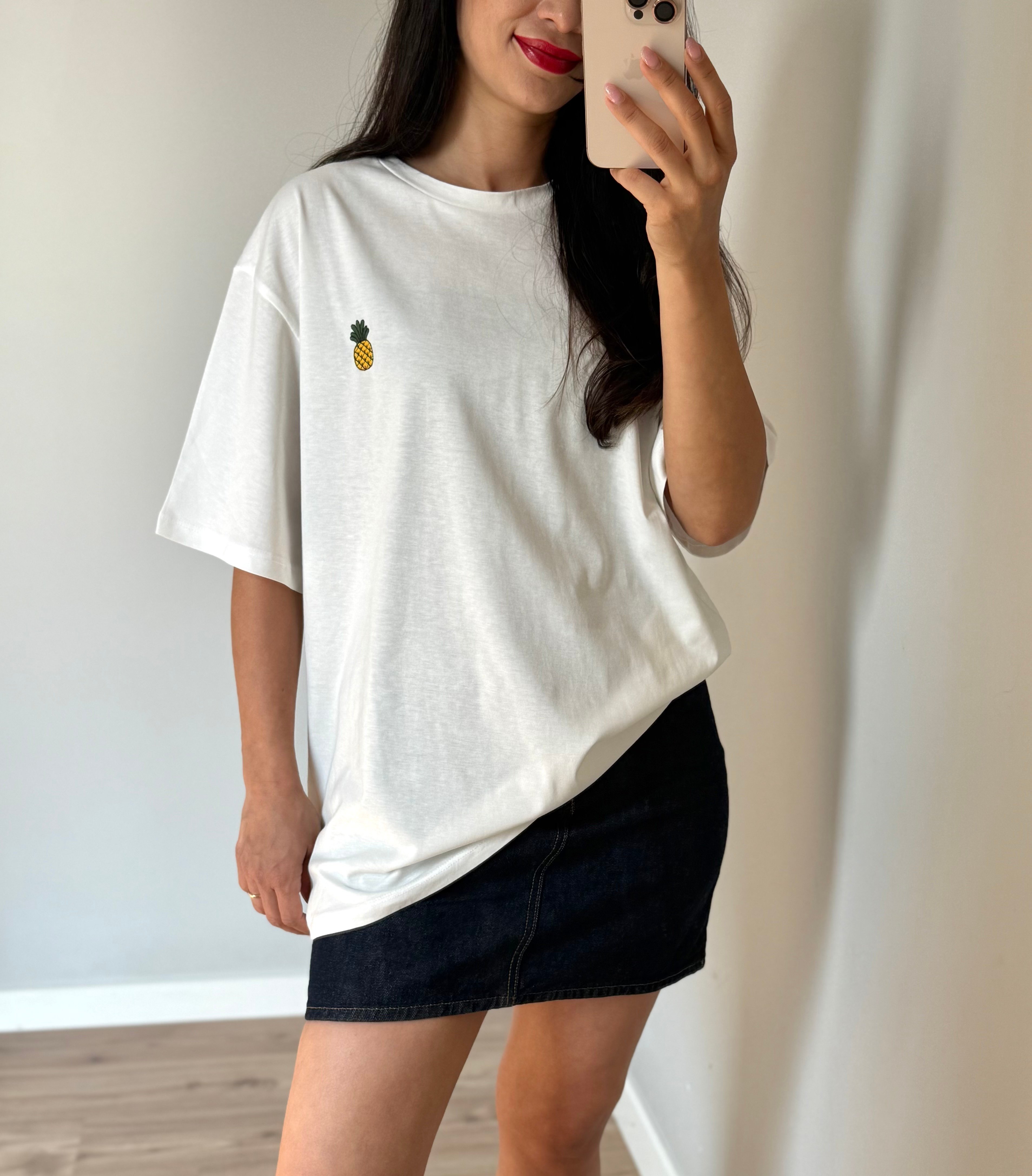 Ananas İşlemeli Oversize Tişört