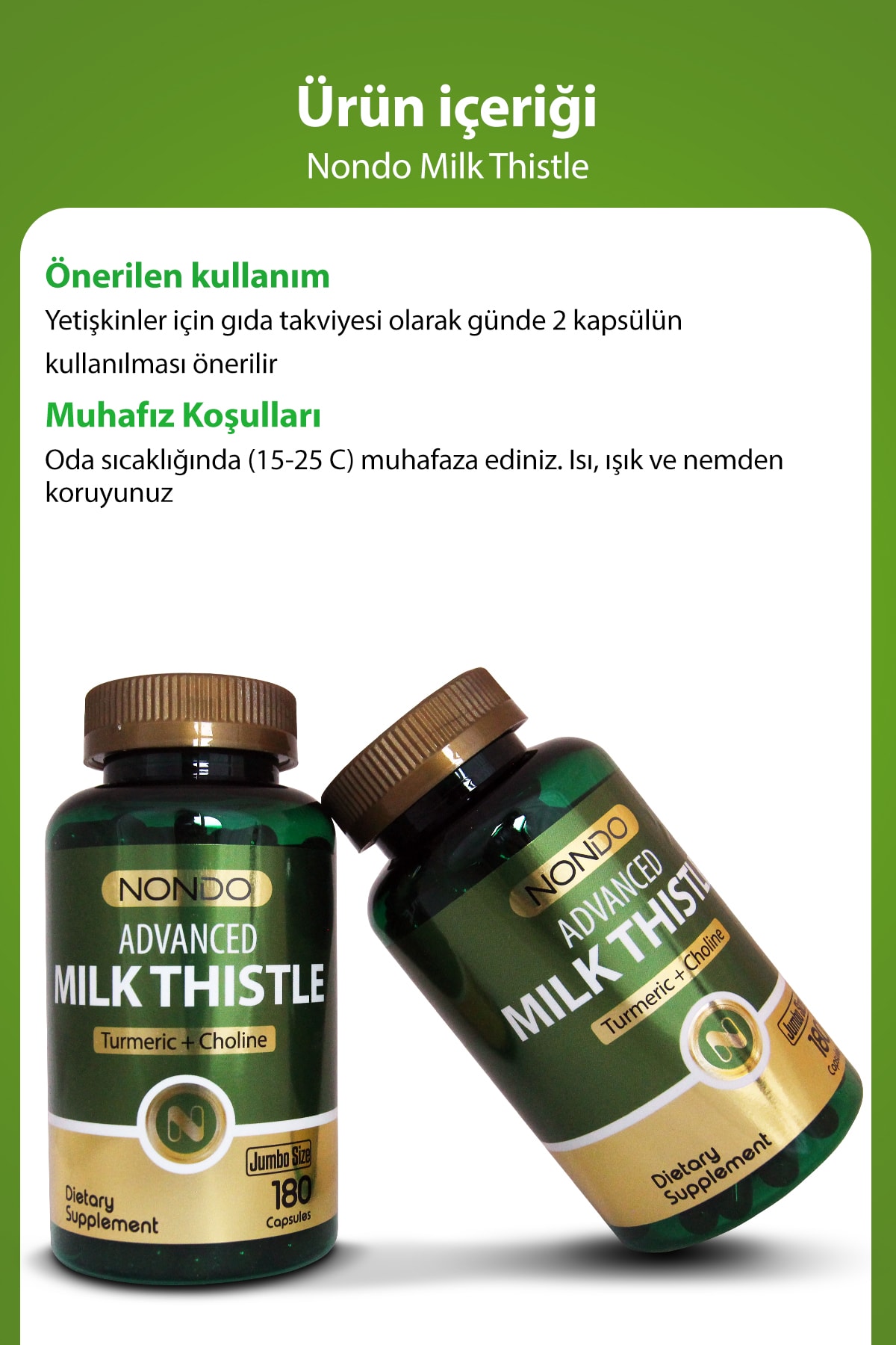 Nondo Milk Thistle 180 Kapsül Jumbo Boy ( Deve Dikeni, Enginar, Slibin, Kolin, Zerdeçal, Magnezyum)