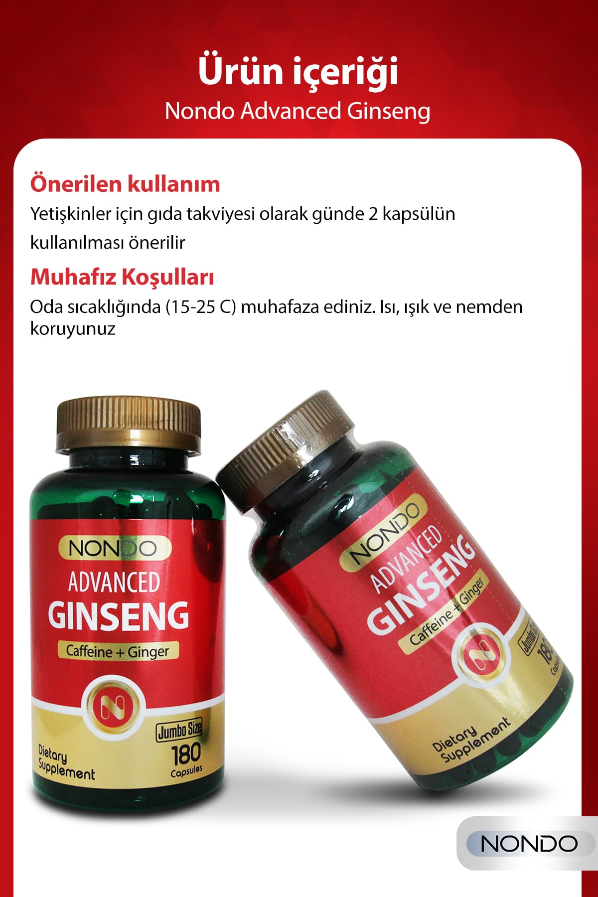 Nondo Ginseng 180 Kapsül Jumbo Boy (Kore Panax Ginseng, Keçiboynuzu, Koenzim Q10)