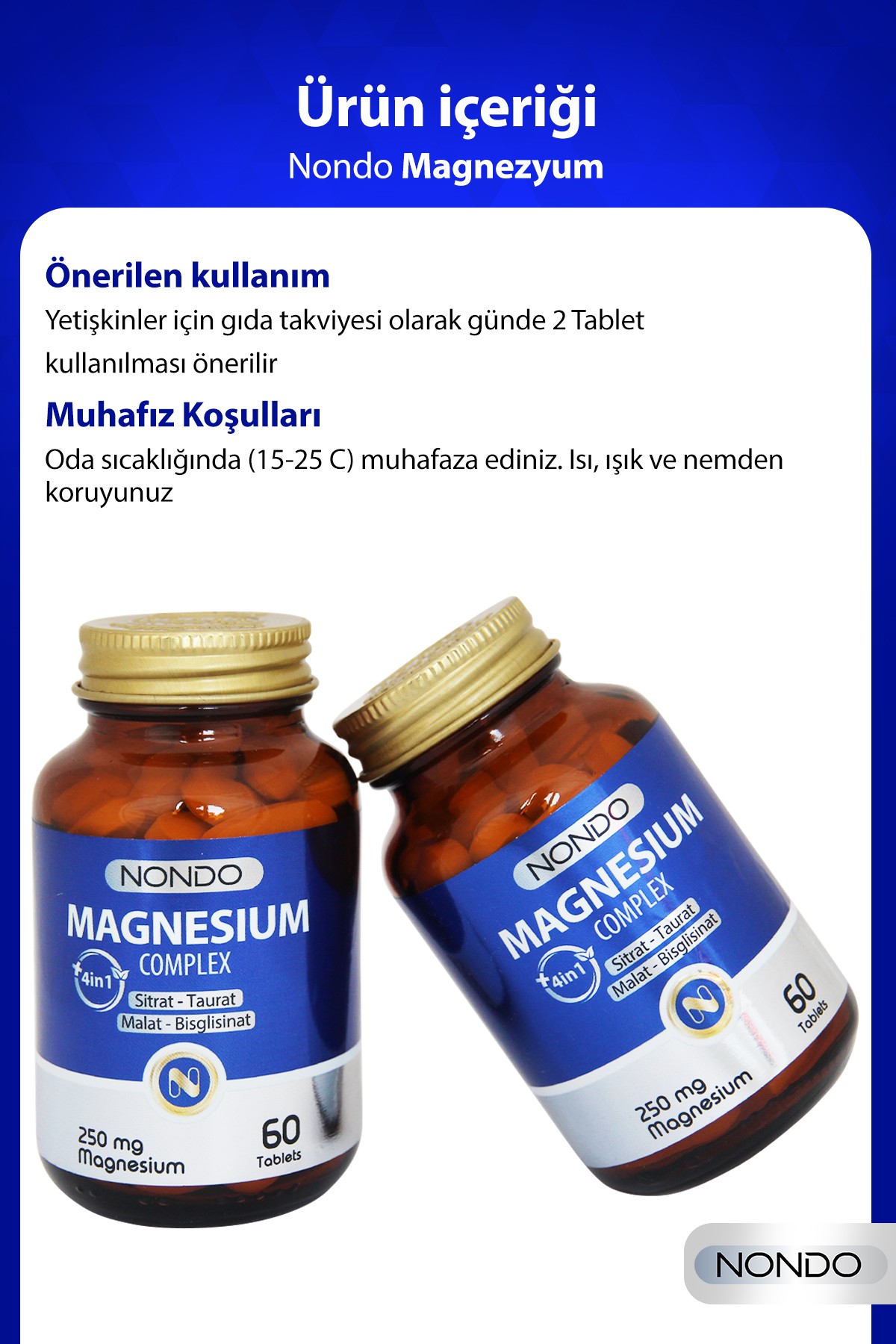 Magnezyum Kompleks 60 Tablet 250 mg 4 Form, Sitrat, Taurat, Malat, Bisglisinat