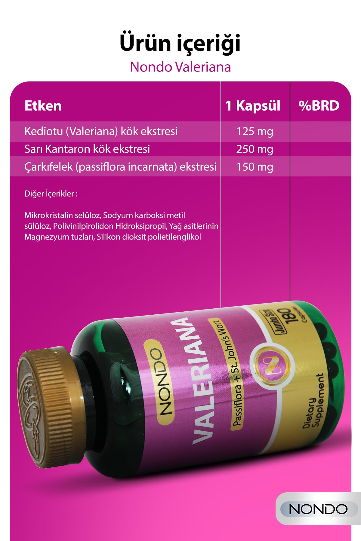Nondo Valeriana Kedi Otu Jumbo Boy 180 Kapsül (Pasiflora, Sarı Kantaron)