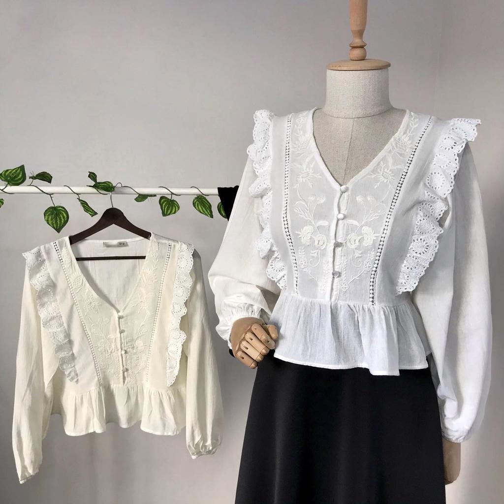 Ekru  Nakışlı Fistolu Gömlek