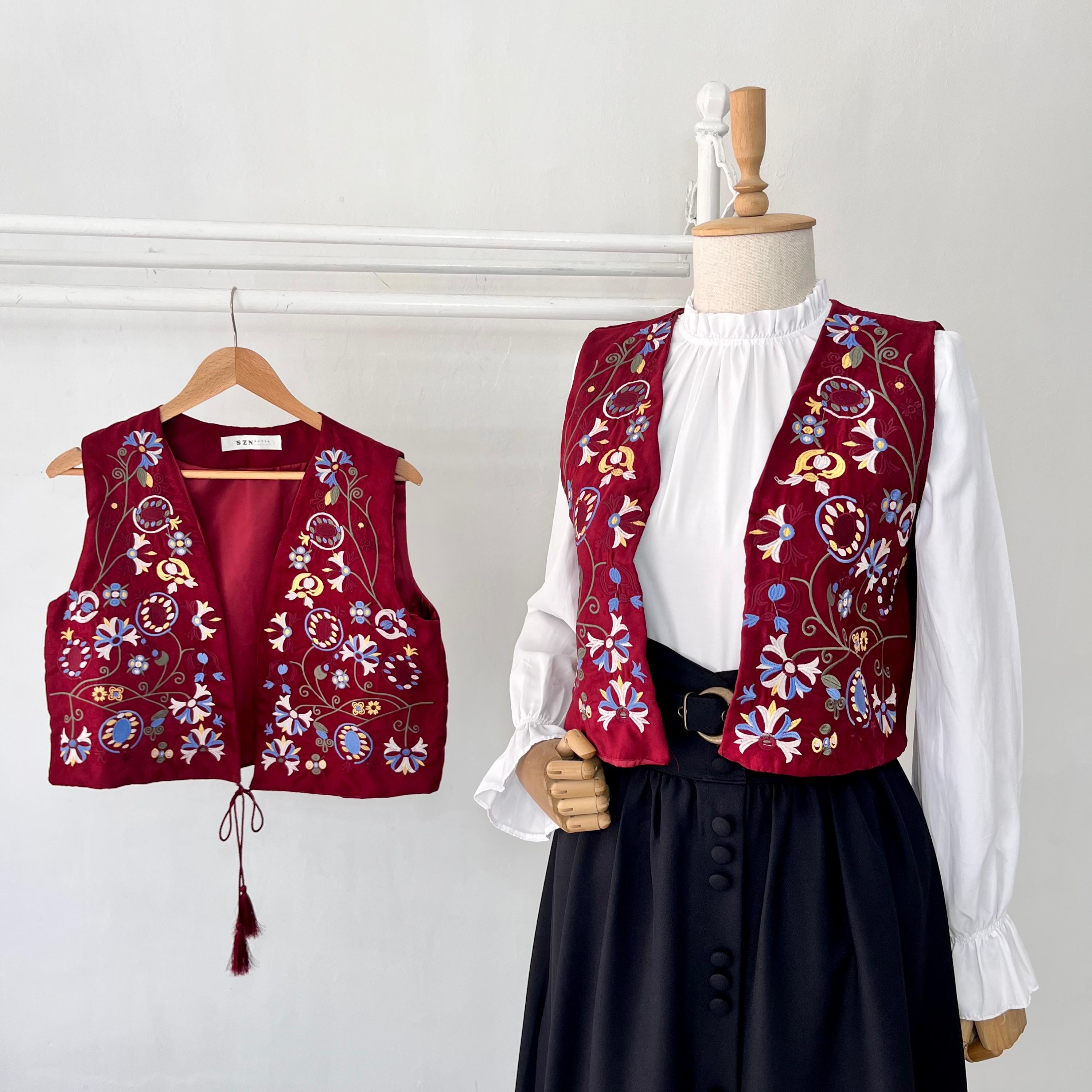 Bordo Otantik Nakışlı Yelek