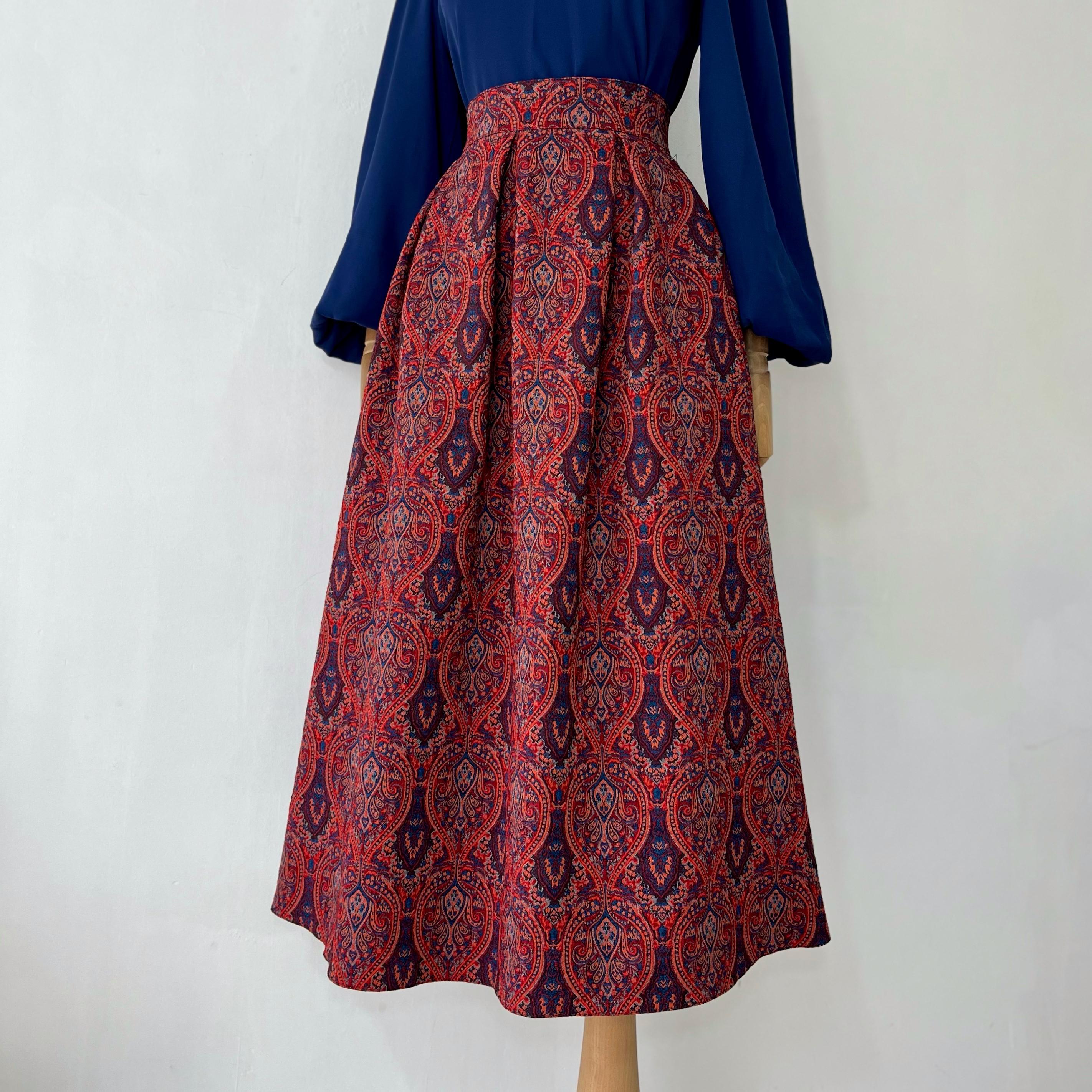 Kırmızı Etnik Desen Pileli Etek