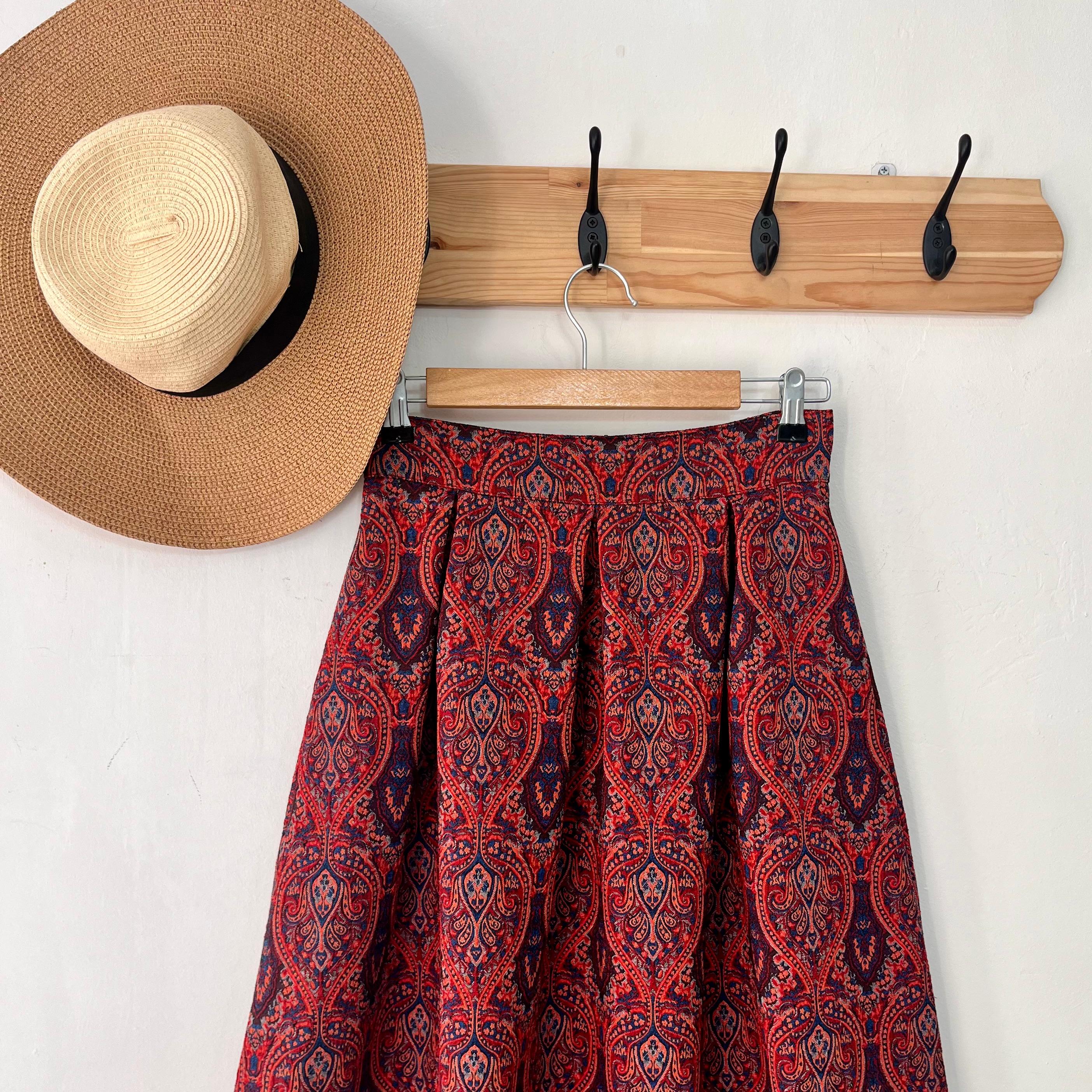 Kırmızı Etnik Desen Pileli Etek