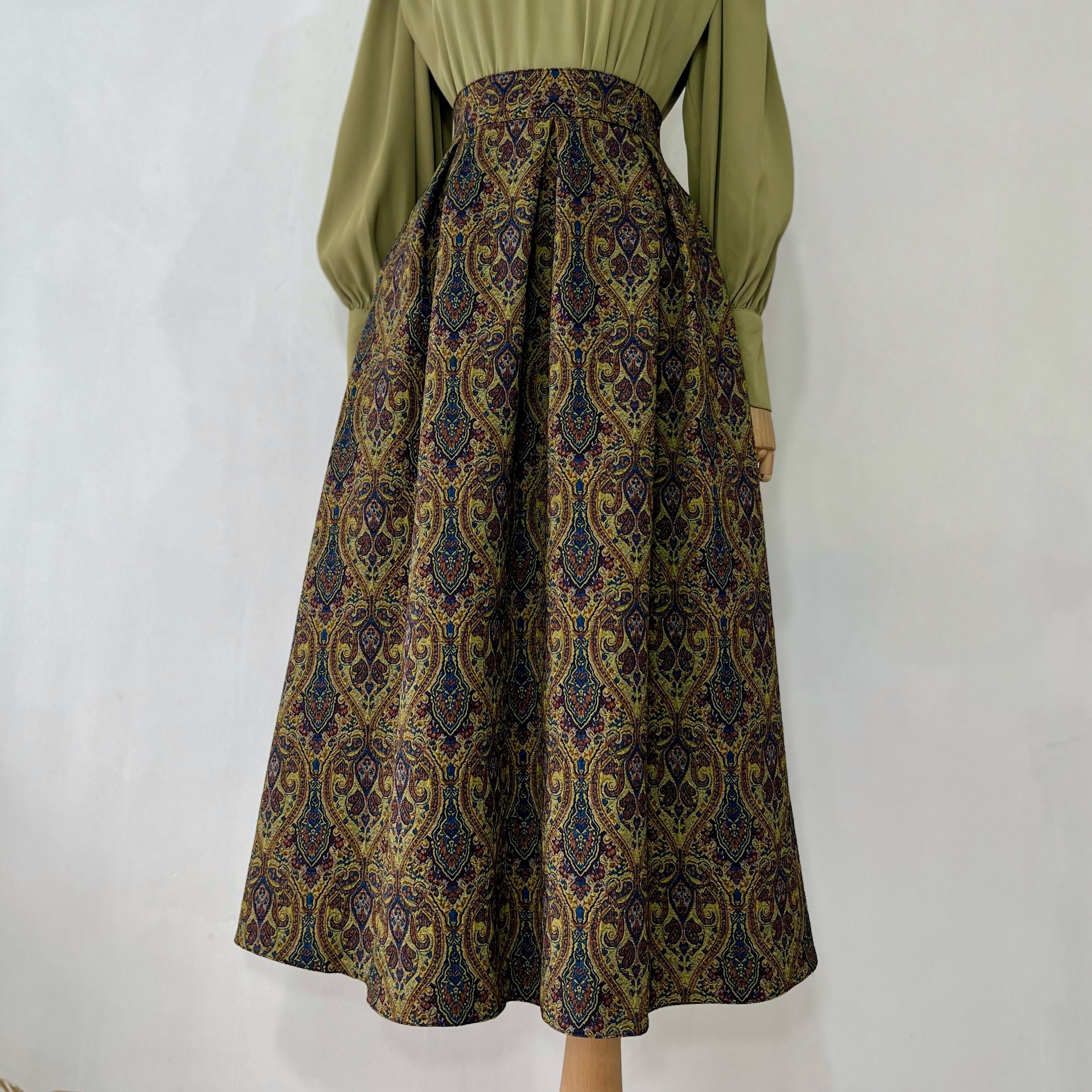 Yeşil Etnik Desen Pileli Etek