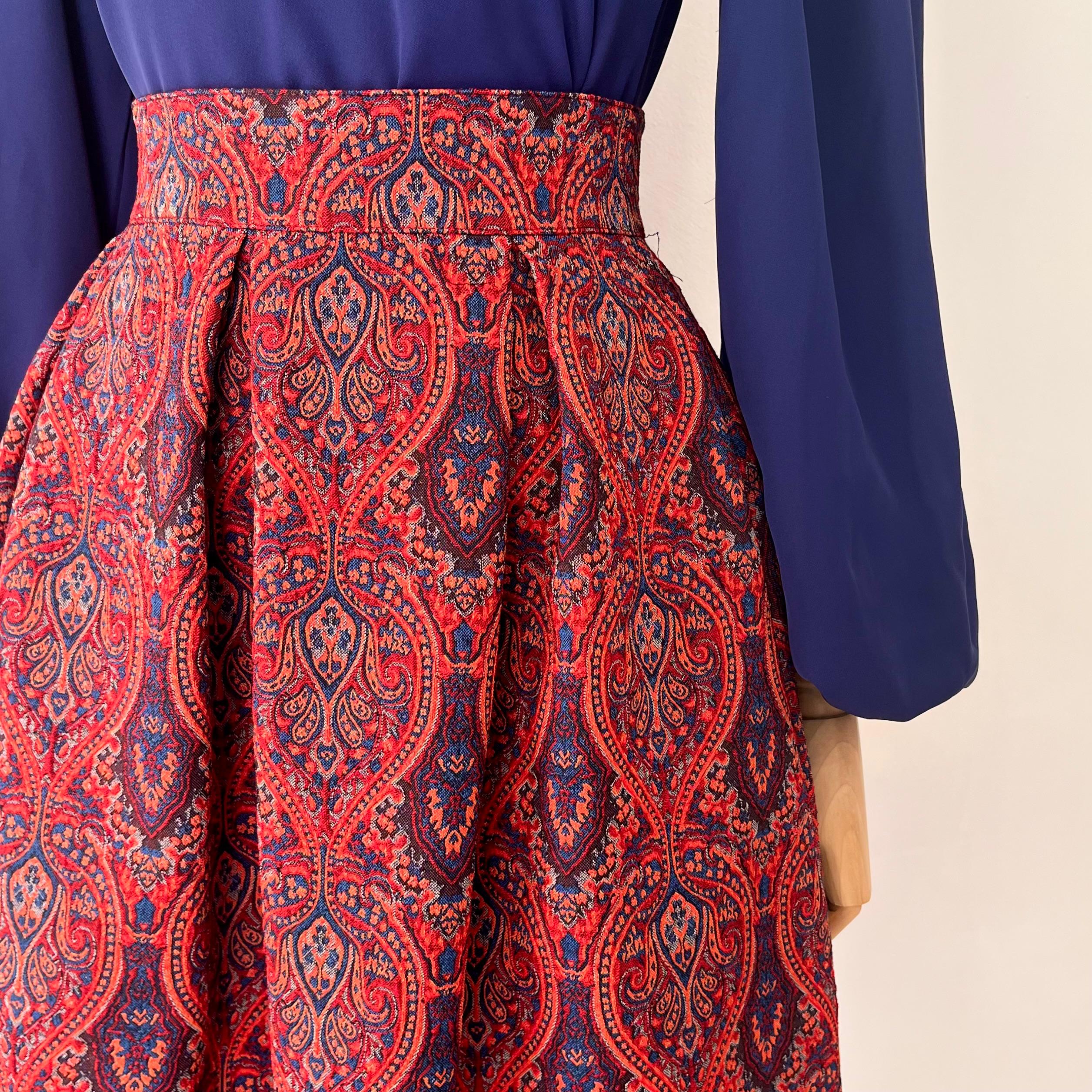 Kırmızı Etnik Desen Pileli Etek