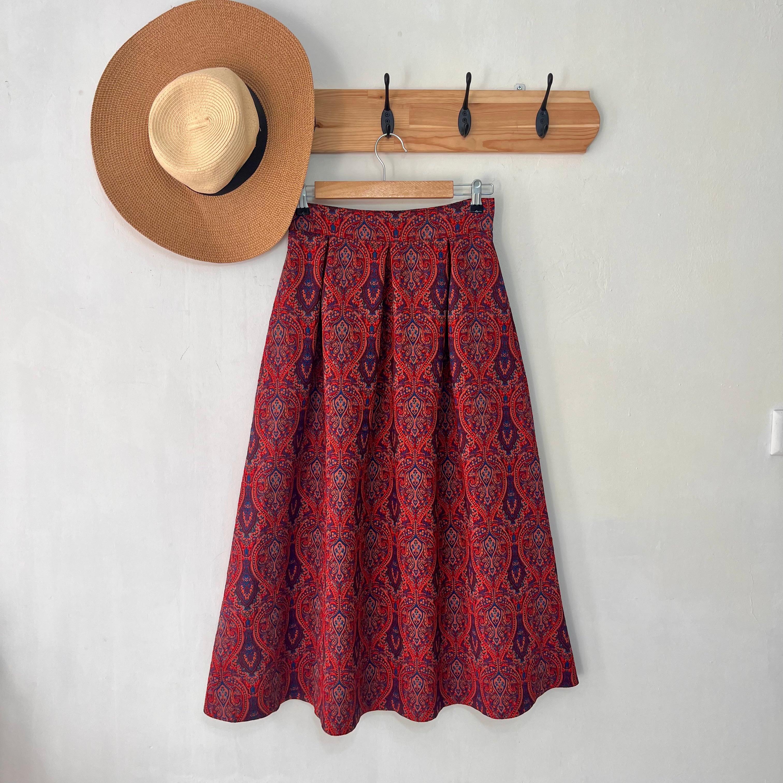 Kırmızı Etnik Desen Pileli Etek