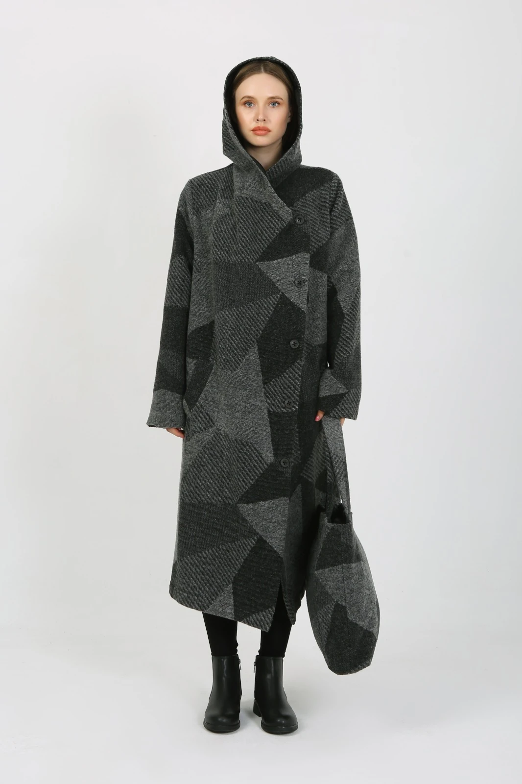 Kadın Kapüşonlu Geometrik Desenli Palto