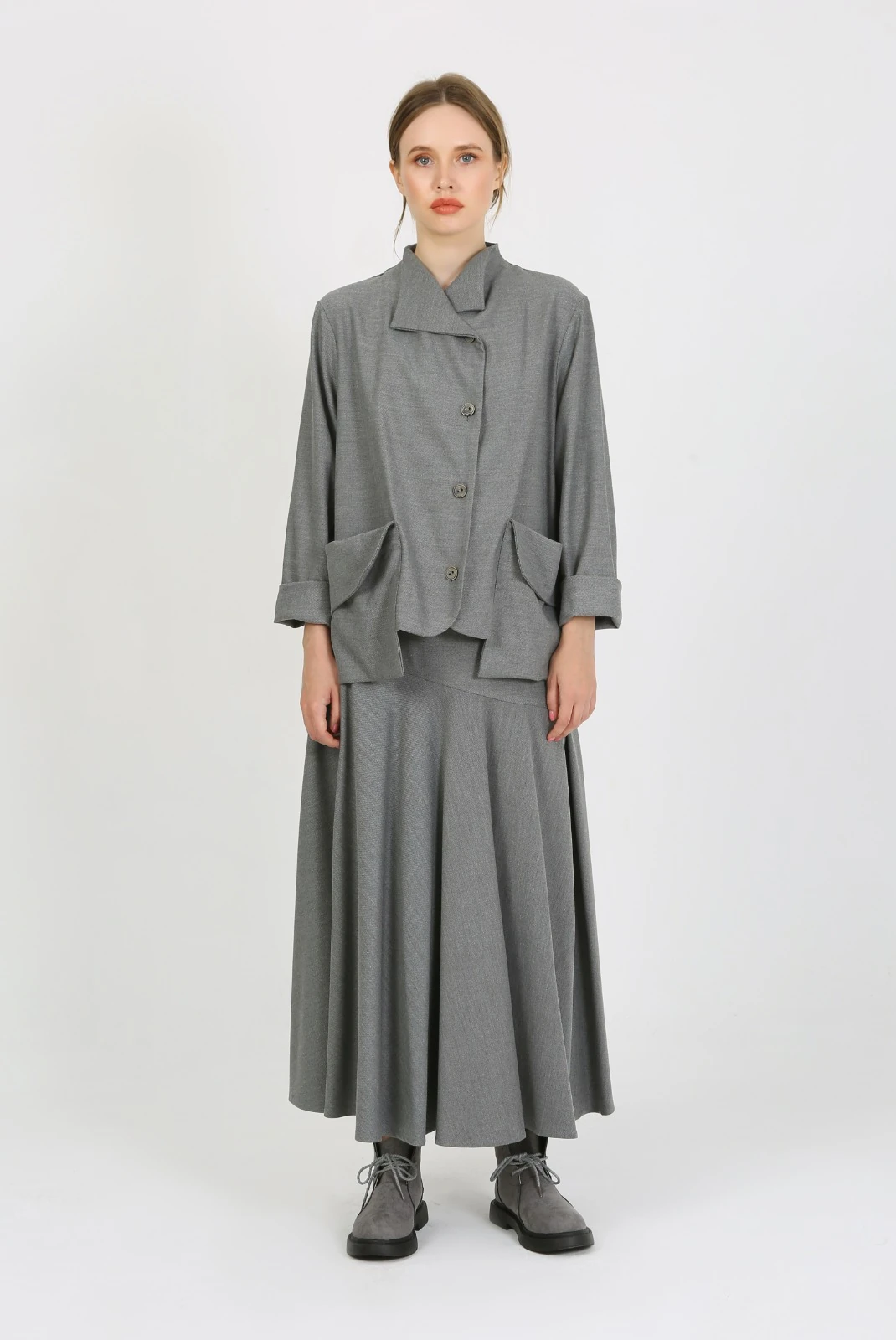 Kadın Asimetrik Yaka Cepli Ceket