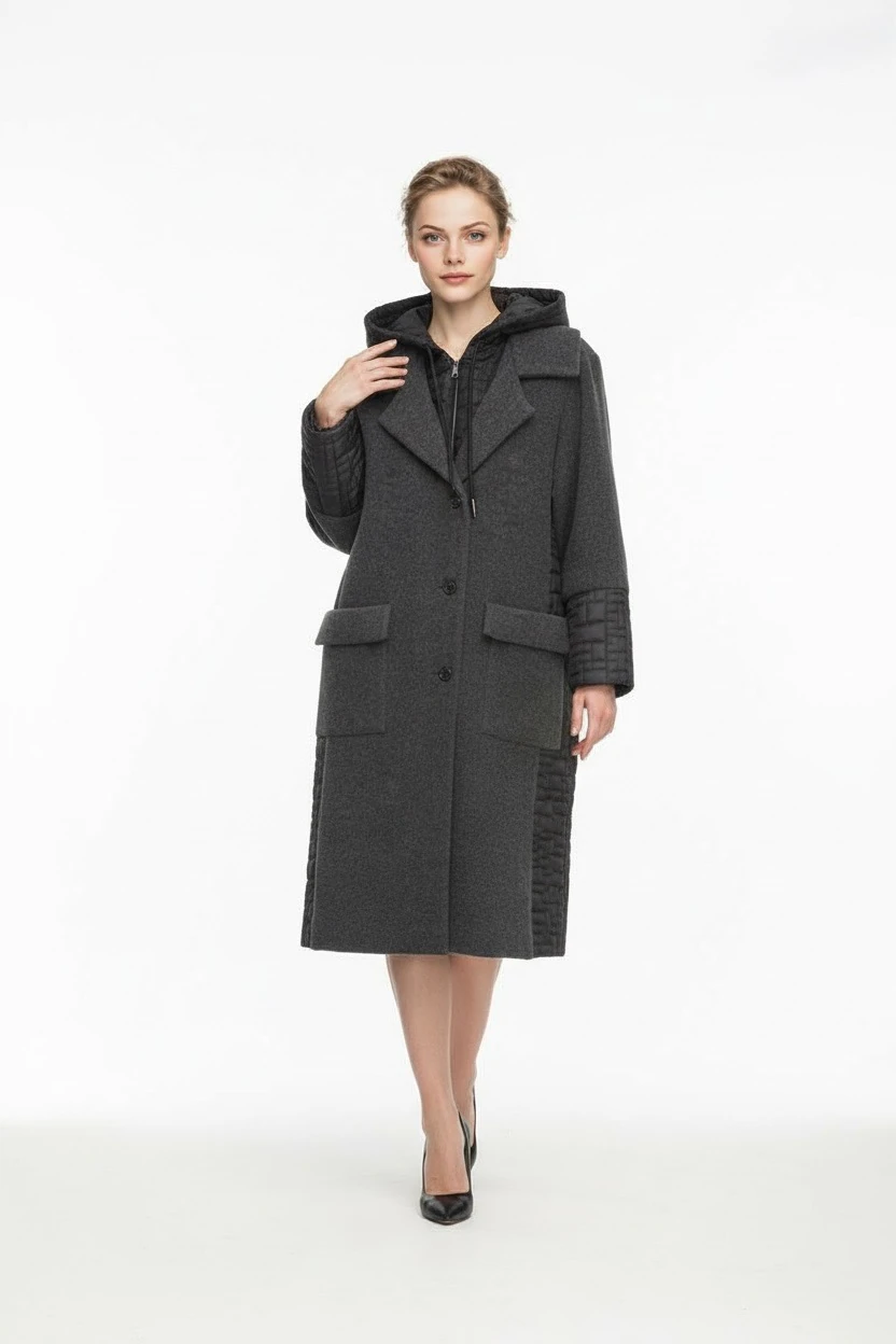 Kadın Kapüşonlu Yün Karışımlı Uzun Palto