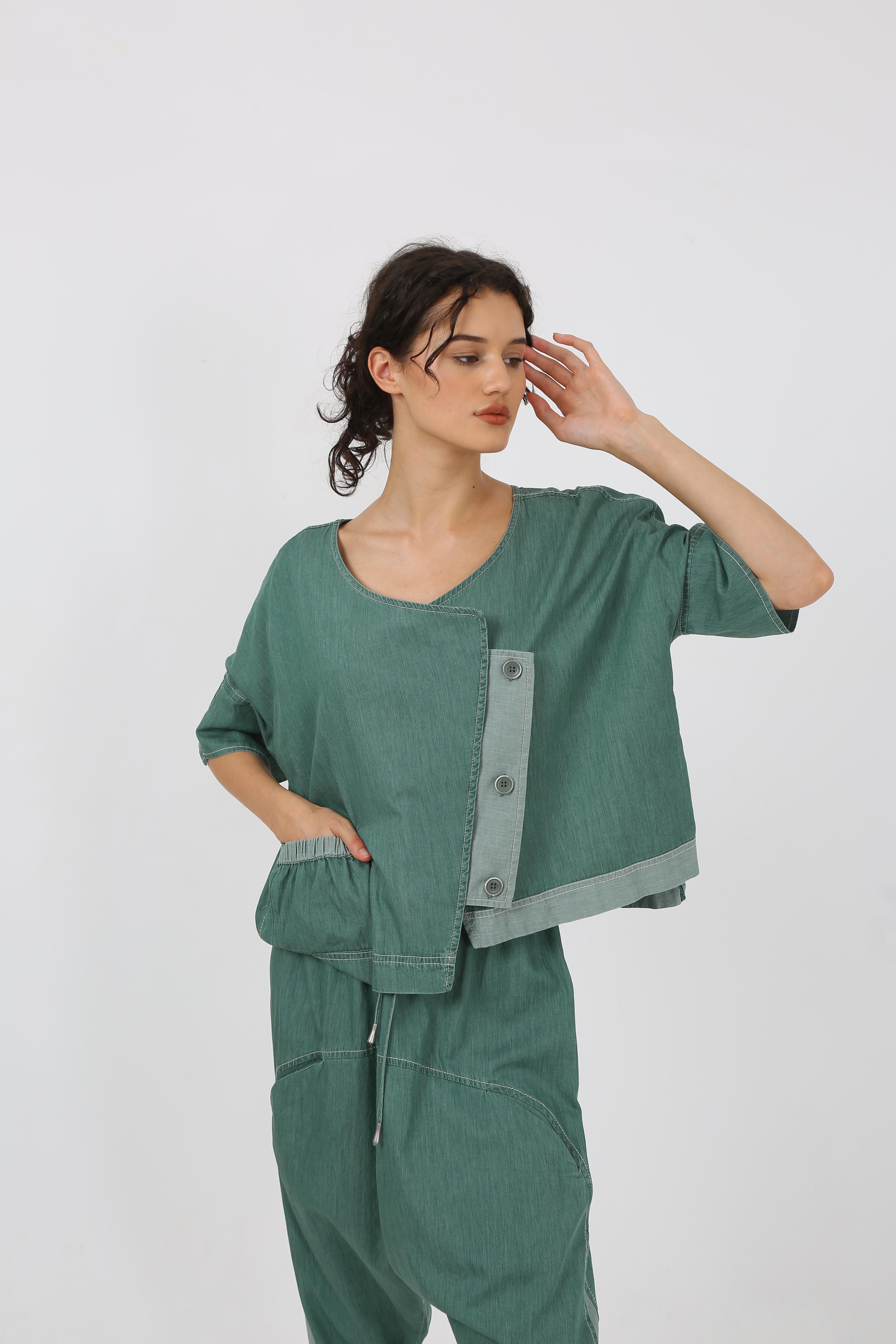 Kadın Oversize Pamuklu Ceket - Asimetrik Kesim 3009 - Yeşil