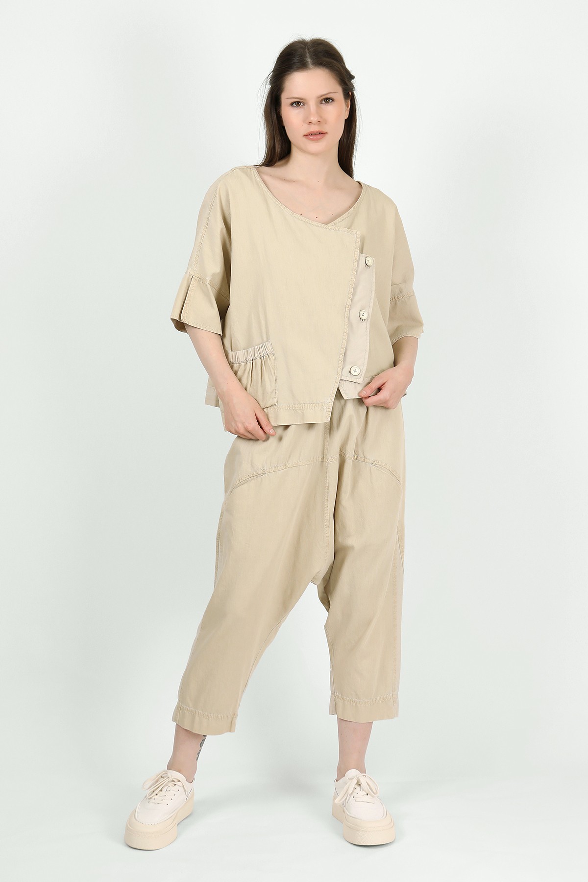 Kadın Oversize Pamuklu Ceket - Asimetrik Kesim 3009 - Bej