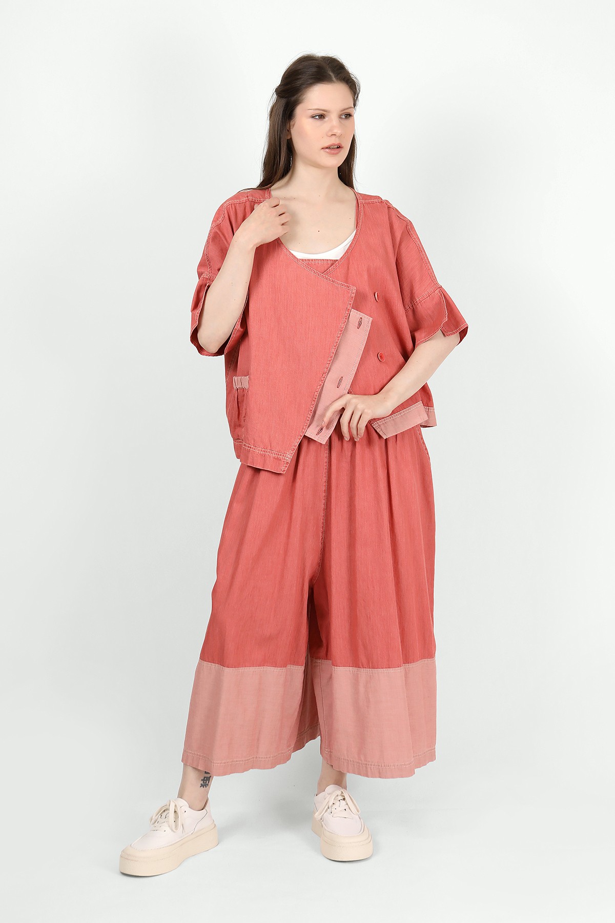 Kadın Oversize Pamuklu Ceket - Asimetrik Kesim 3009 - Kırmızı