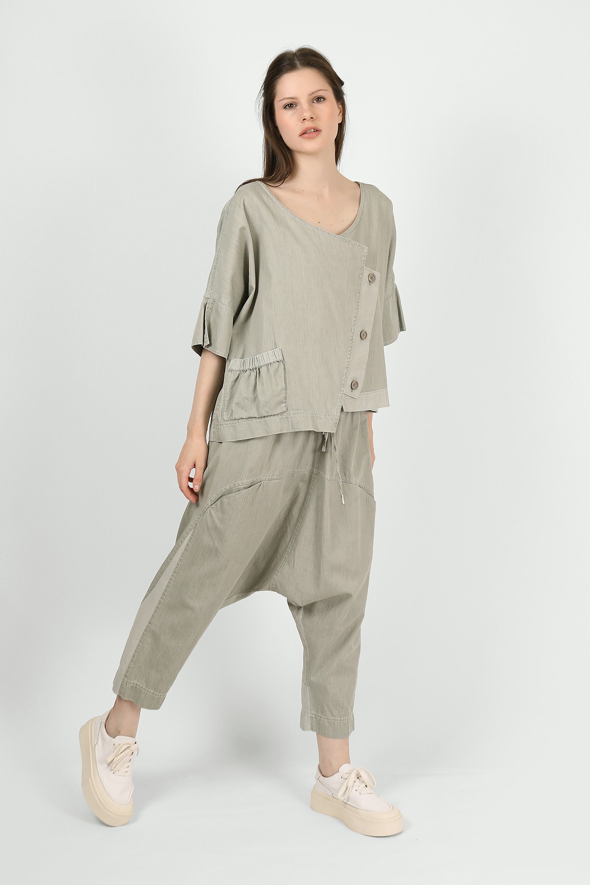 Kadın Oversize Pamuklu Ceket - Asimetrik Kesim 3009 - Gri