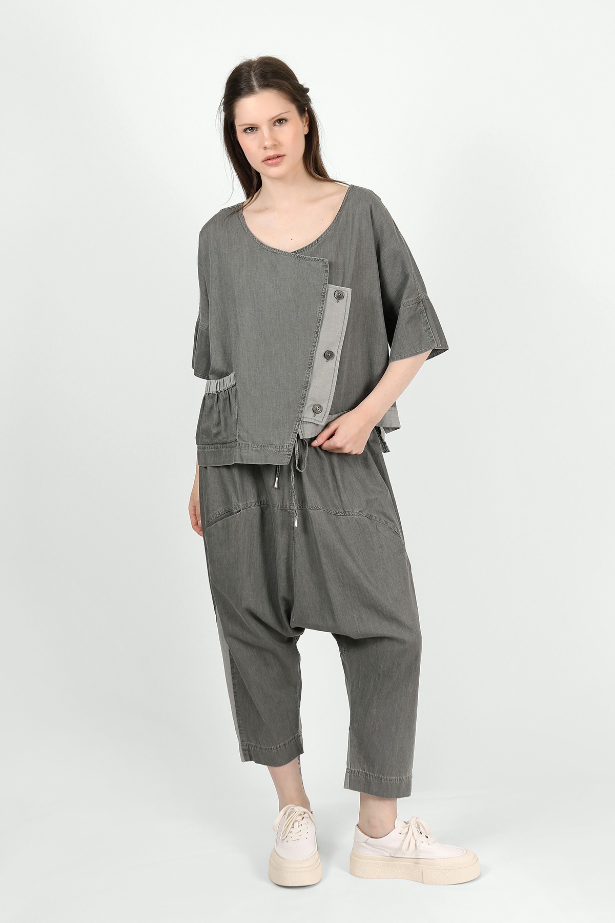 Kadın Oversize Pamuklu Ceket - Asimetrik Kesim 3009 - Antrasit