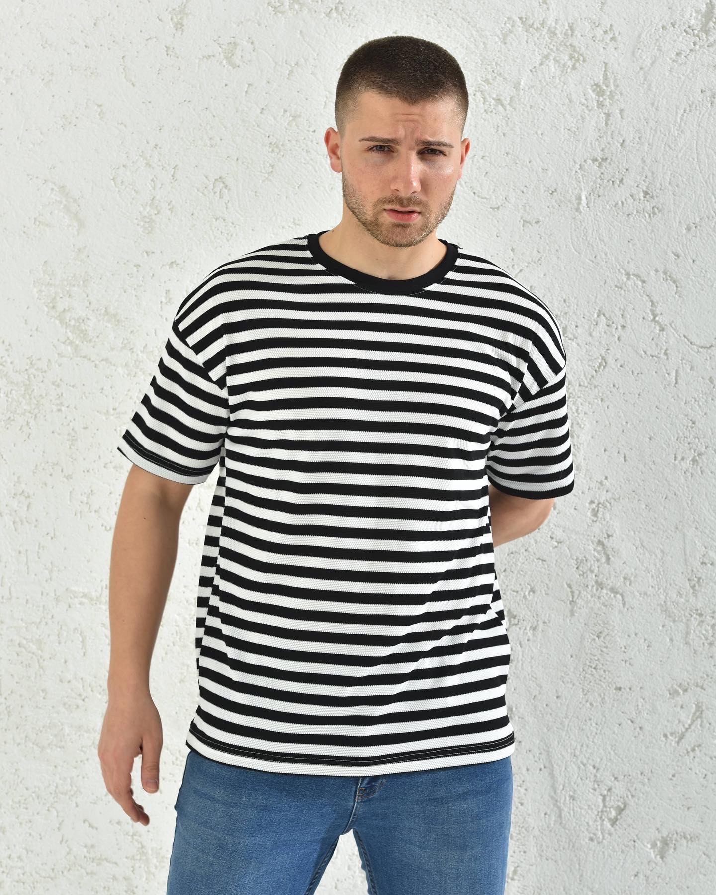 Erkek Siyah Örme Desenli Oversize T-Shirt