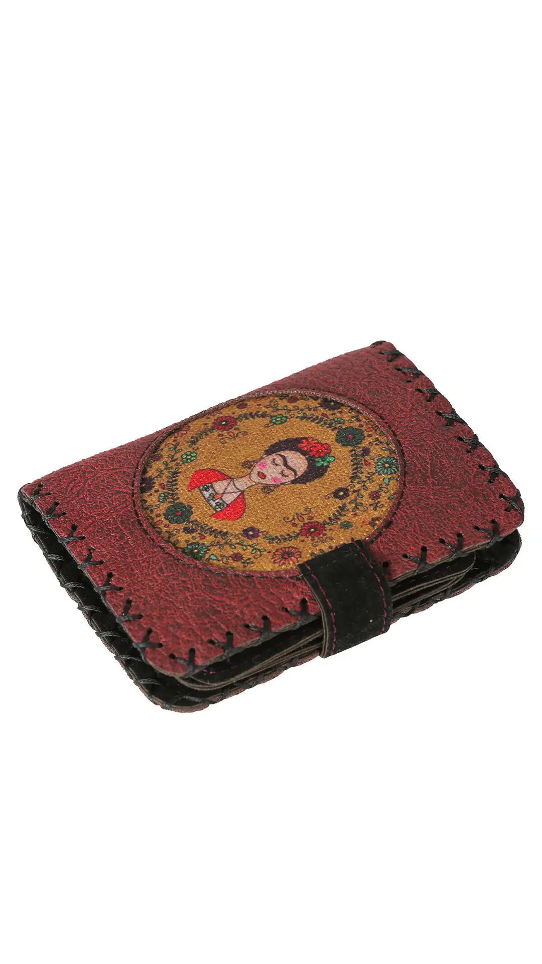Çiçekli Frida Desenli Küçük Cüzdan - Bordo