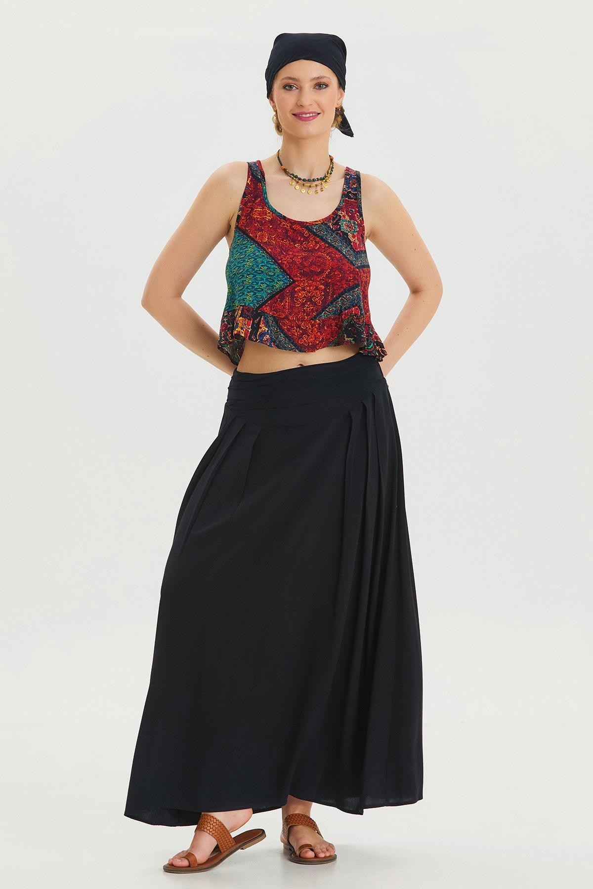 Beli Lastikli Drape Detaylı Otantik Etek