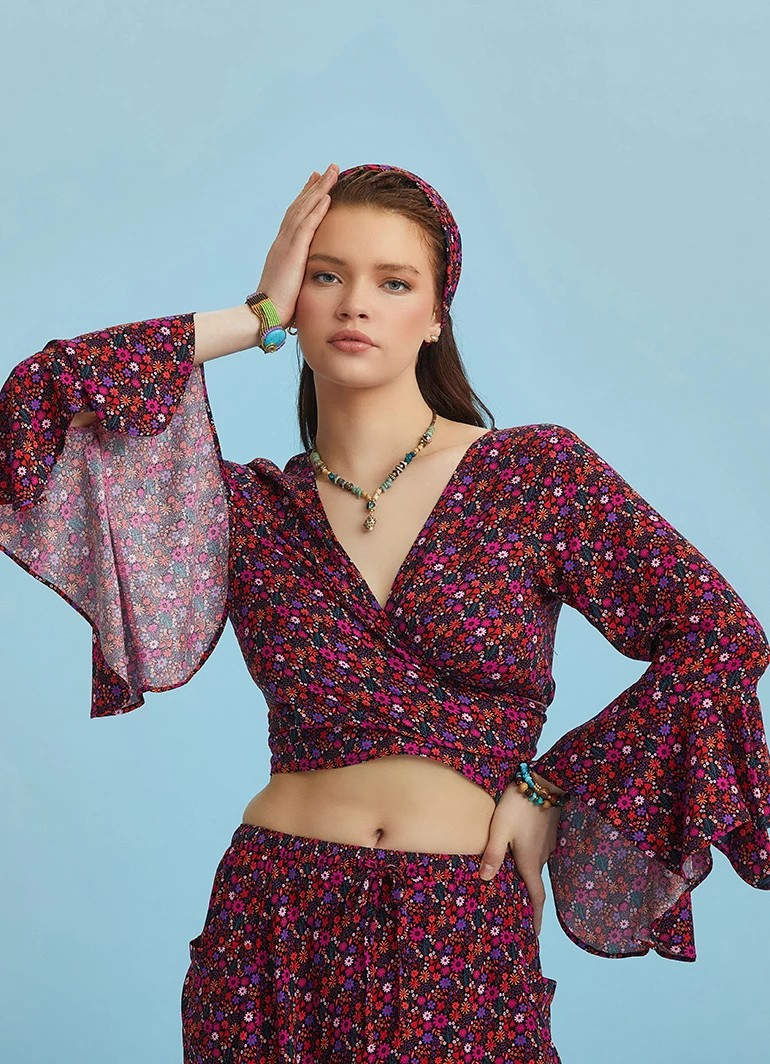 İspanyol Kol Crop Bluz - Fuşya Spring