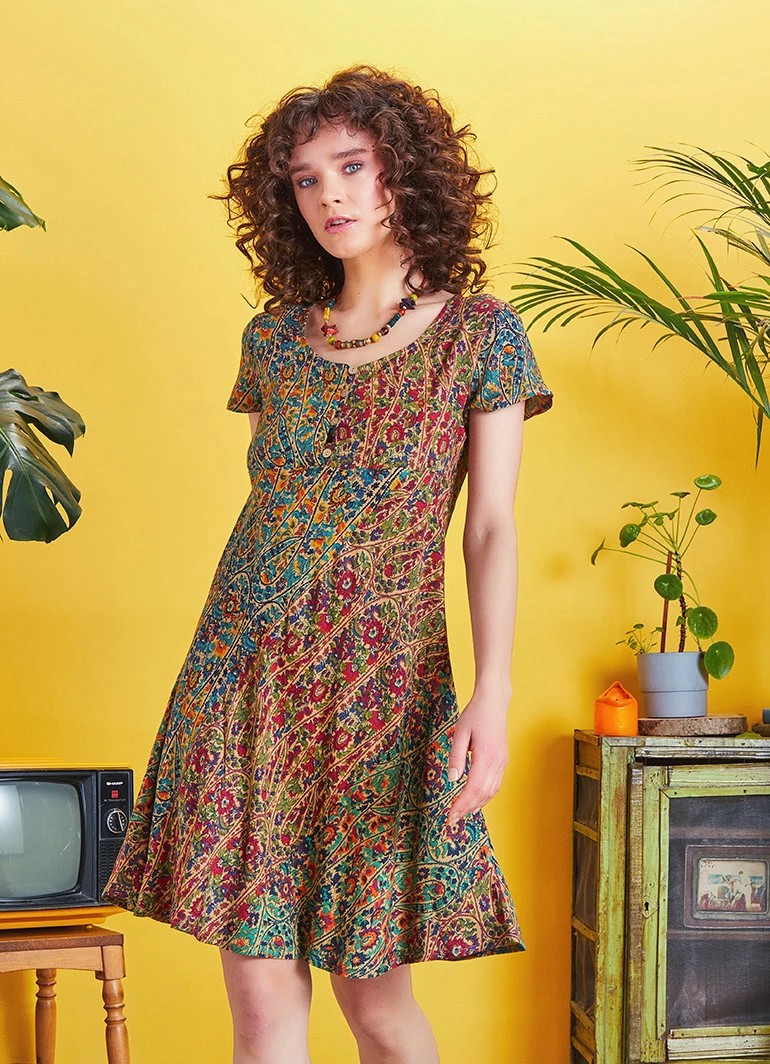 Önü Düğmeli Patchwork Kısa Kol Bohem Elbise - Petrol Pera