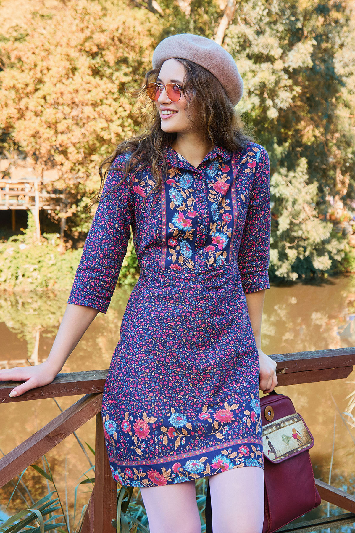 Gömlek Yaka Düğme Detaylı uzun kollu elbise e255