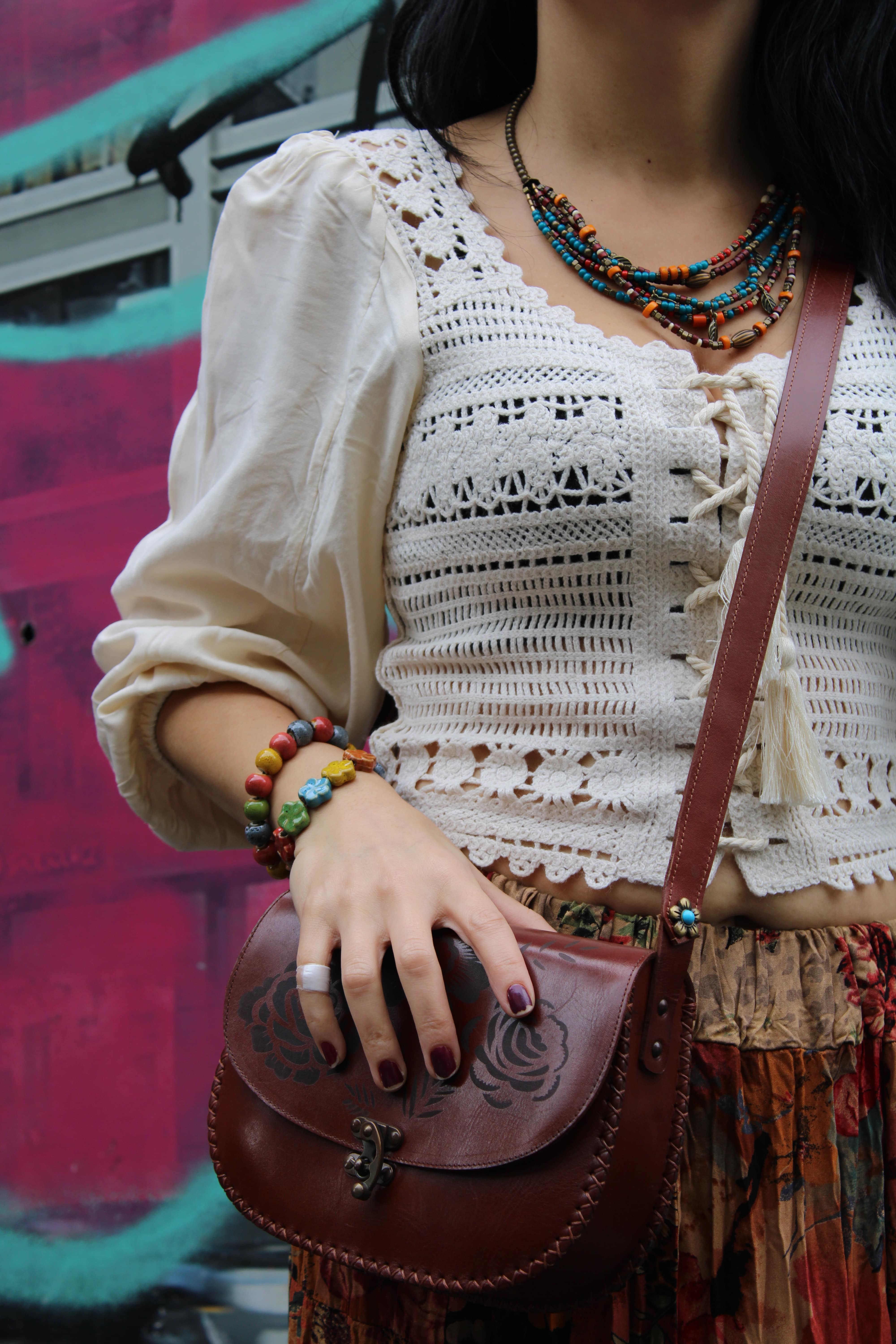 Deri, Çiçek Desenli Askılı Çanta Kahverengi