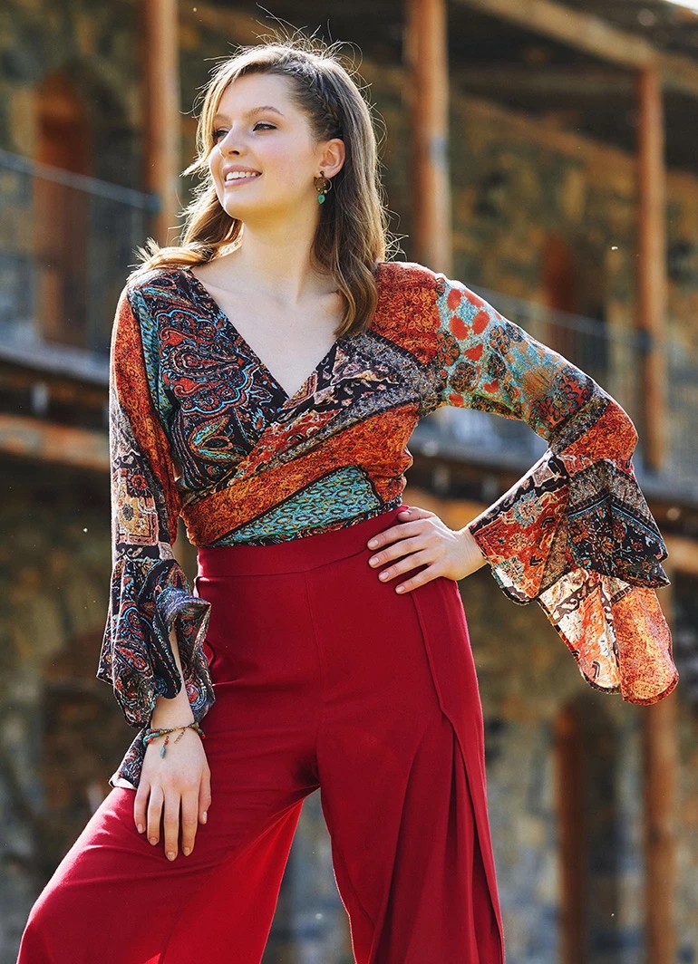 İspanyol Kol Crop Bluz - Kahve Babil