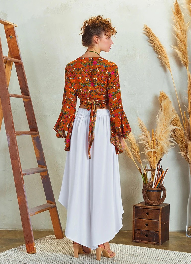 Paçası Detaylı Beli Lastikli Bol Paça Pantolon - Beyaz