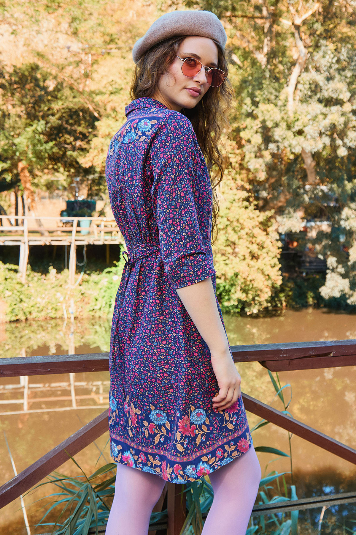 Gömlek Yaka Düğme Detaylı uzun kollu elbise e255